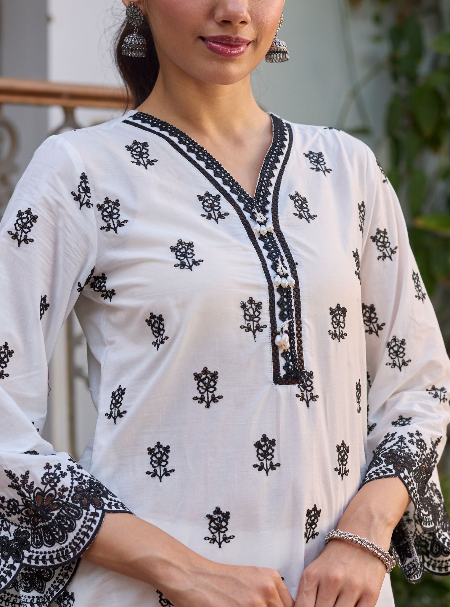 Leniya Supima Cotton White & Black Kurta Set