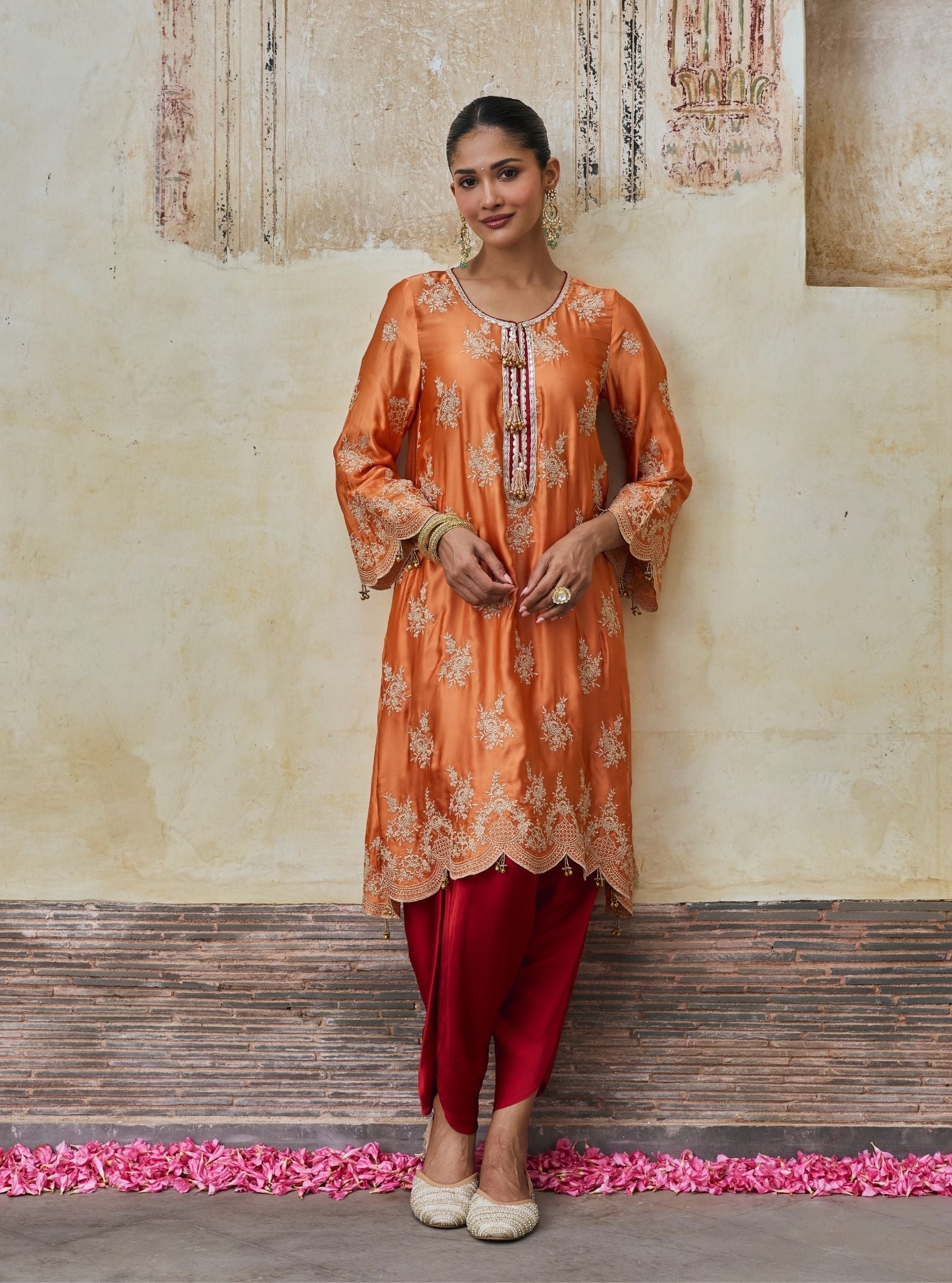 Saazni Cupro Satin Orange Kurta with Red Dhoti Pants