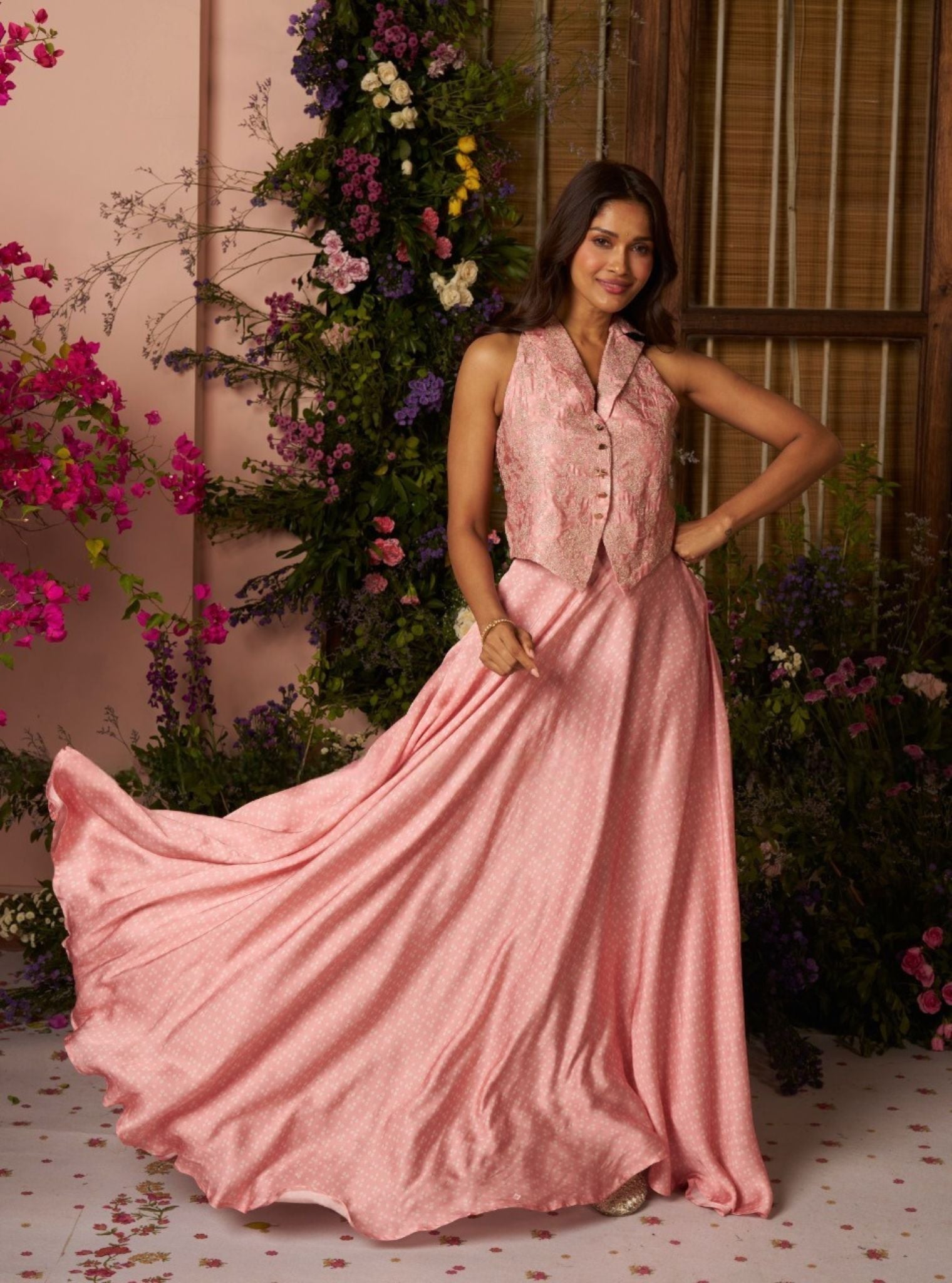 Kuhu Cupro Satin Printed Pink Waistcoat with Wide Pleated Skirt