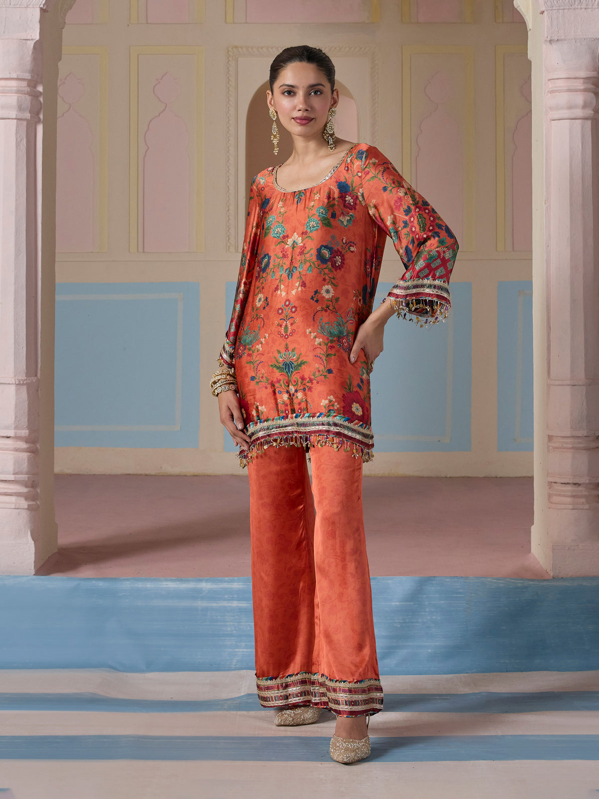 Gheva Cupro Satin Printed Orange Kurta Set