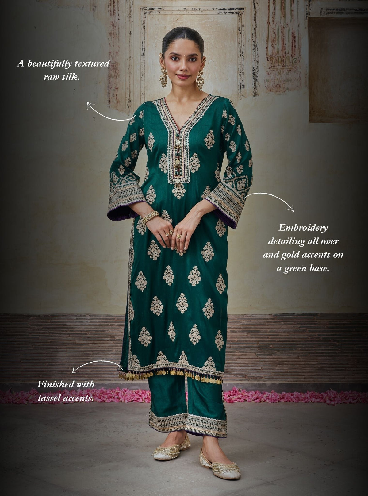 Bairi Bemberg Raw Silk Emerald Green Kurta Set