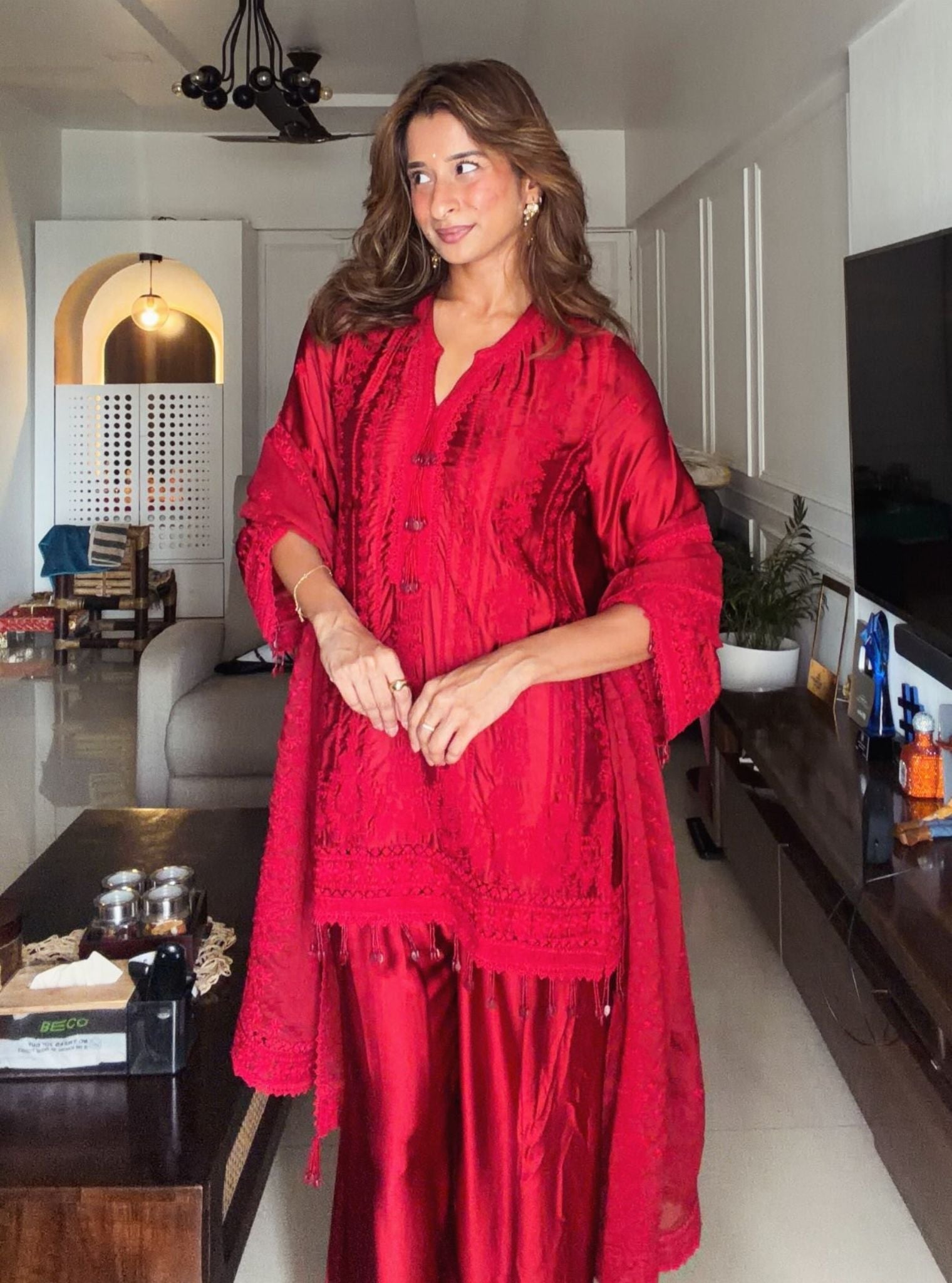 Zuri Cupro Satin Red Kurta With Farshi Salwar