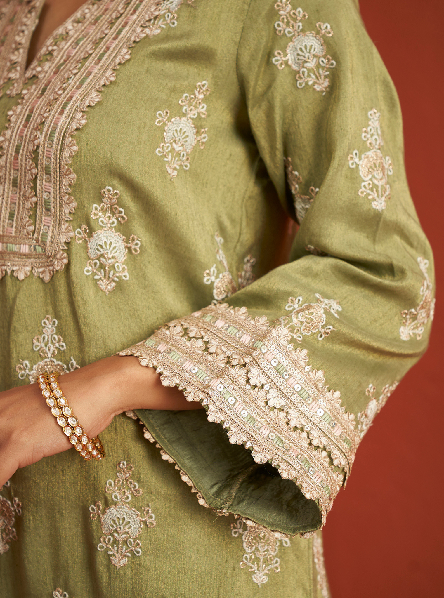 Mitthi Luxe Tissue Sage Green Kurta Set