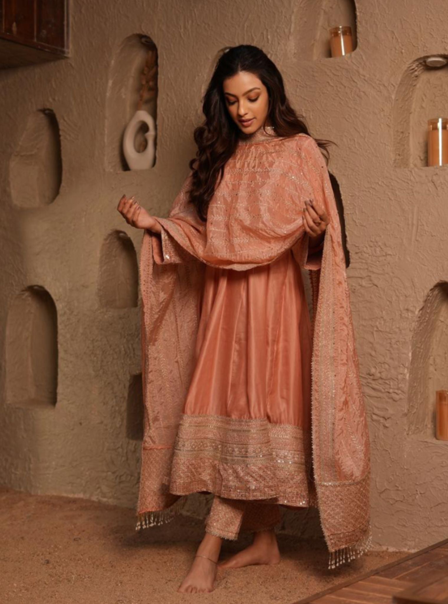 Mausami Pink Linen Satin Anarkali Kurta Set