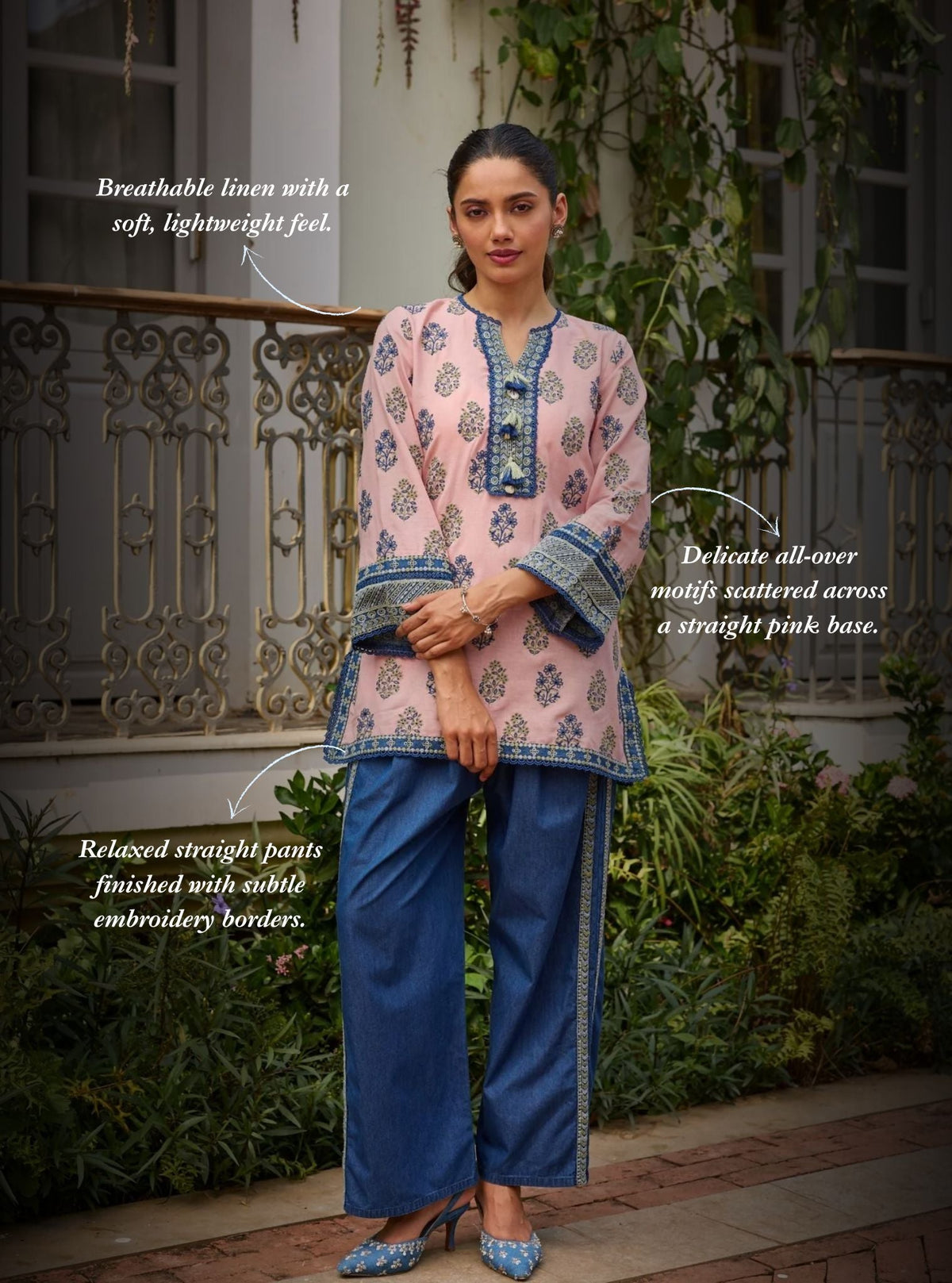 Rano Linen Pink Short Kurta Set