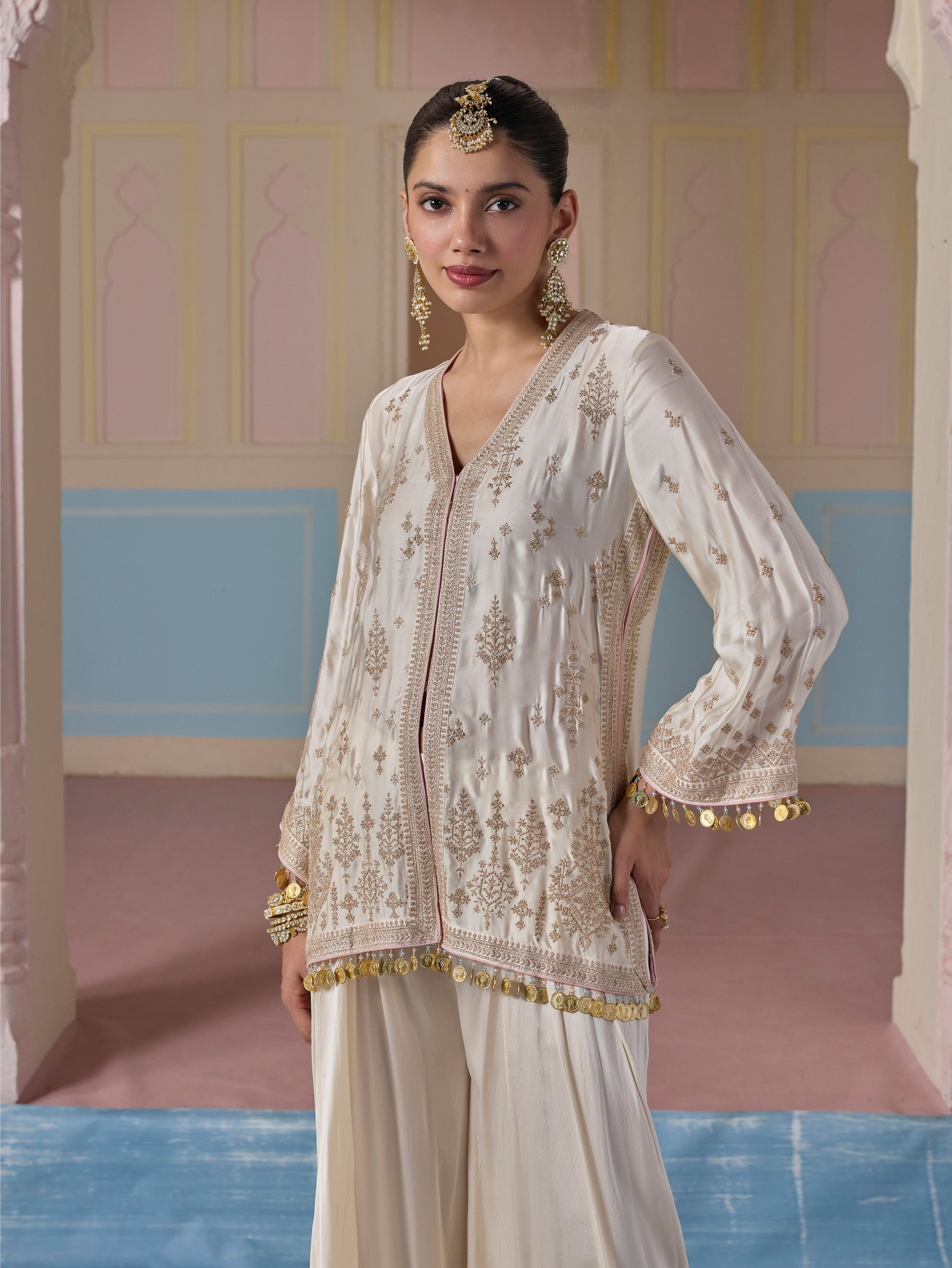 Laado Cupro Satin Off White Kurta with Draped Pants