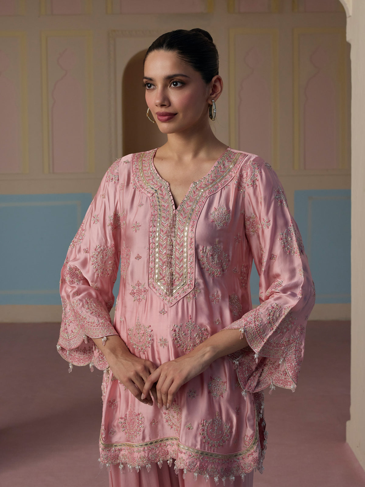 Jori Cupro Satin Pink Kurta With Farshi Salwar