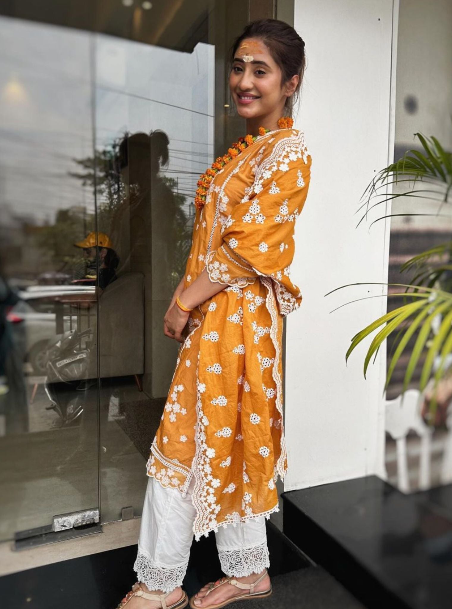 Mulmul Cotton Malisa Orange Kurta With Mulmul Cotton Floral Chemical Lace White Pant