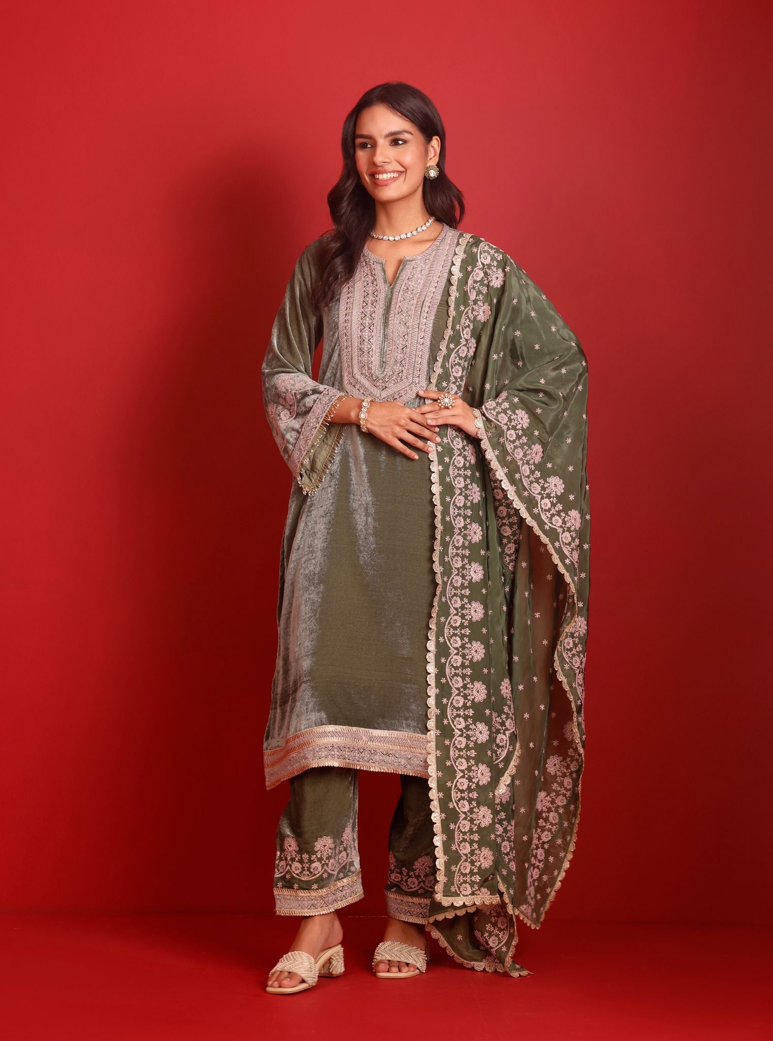Madhaniya Velvet Olive Green Kurta Set