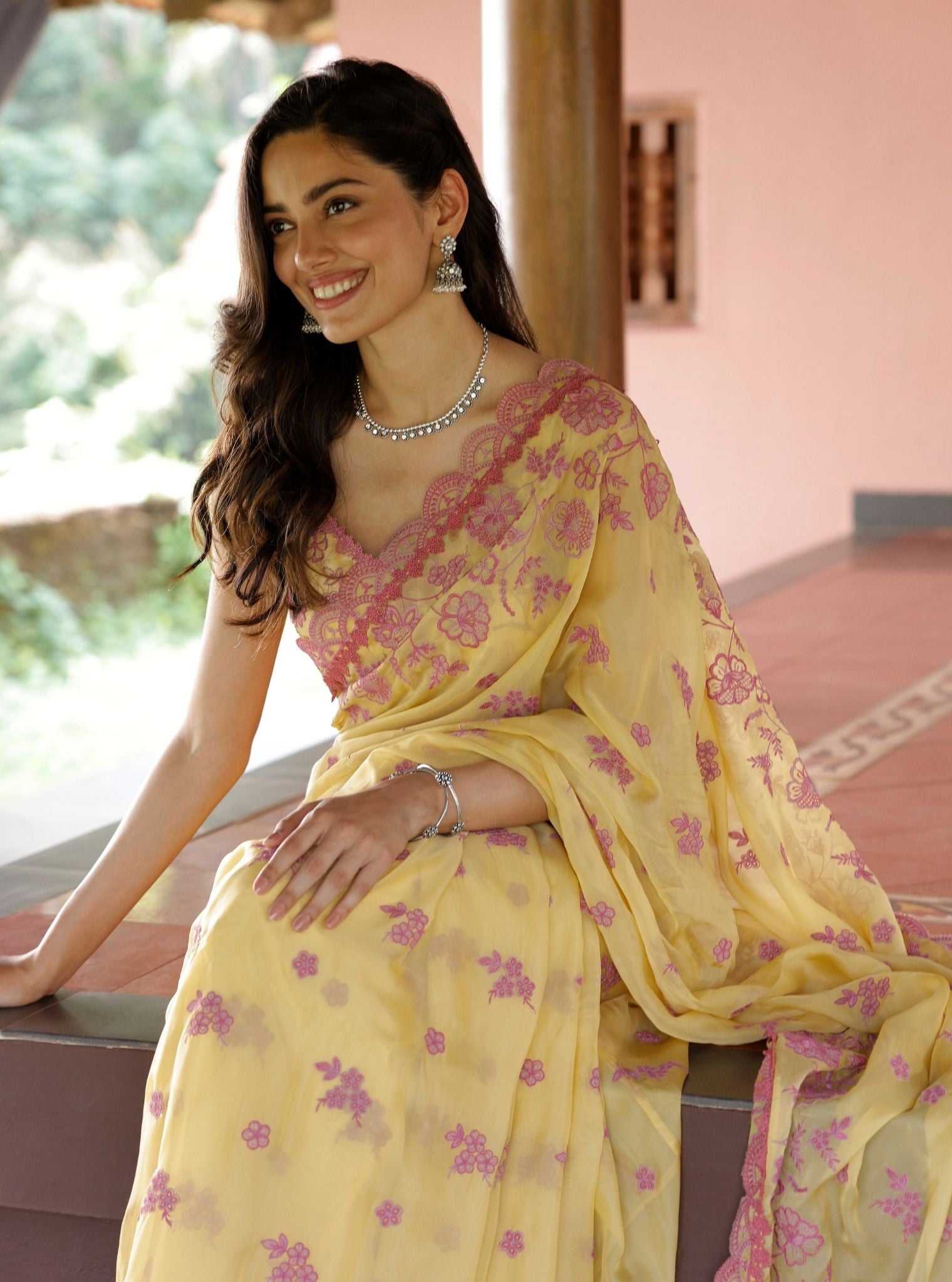 Mulmul Organza Chia Yellow Saree