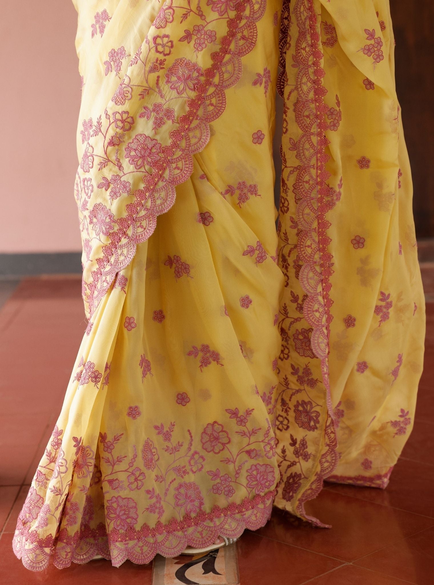 Mulmul Organza Chia Yellow Saree