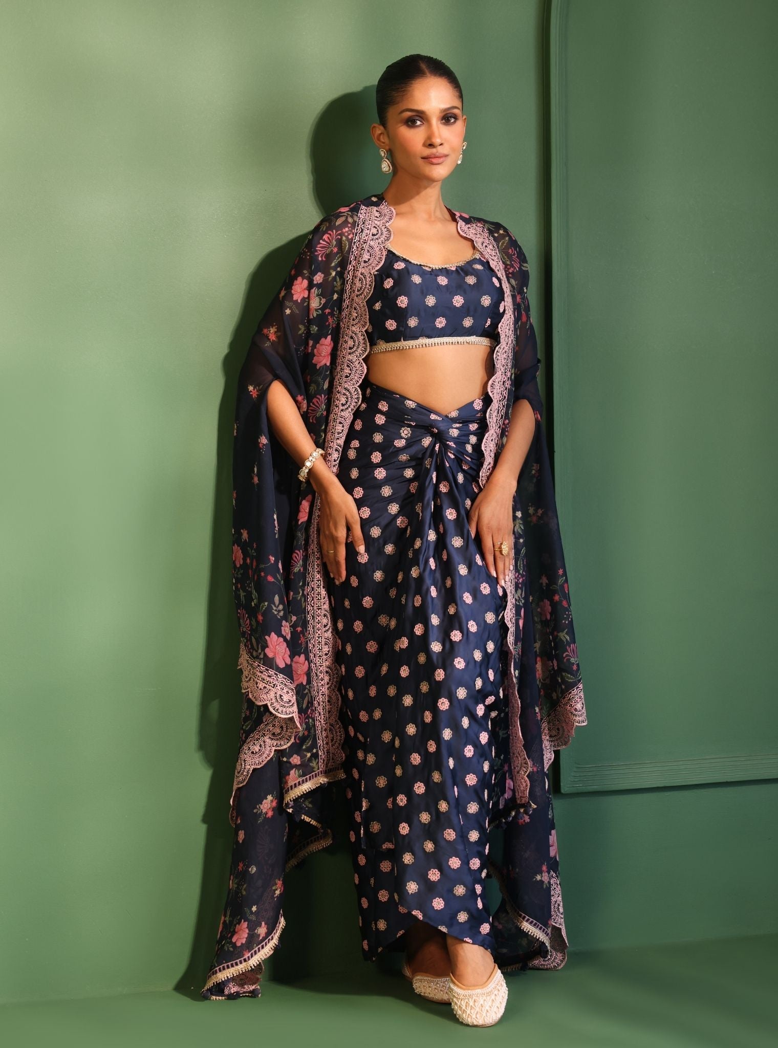 Laila Organza Printed Navy Cape Shrug With Skirt