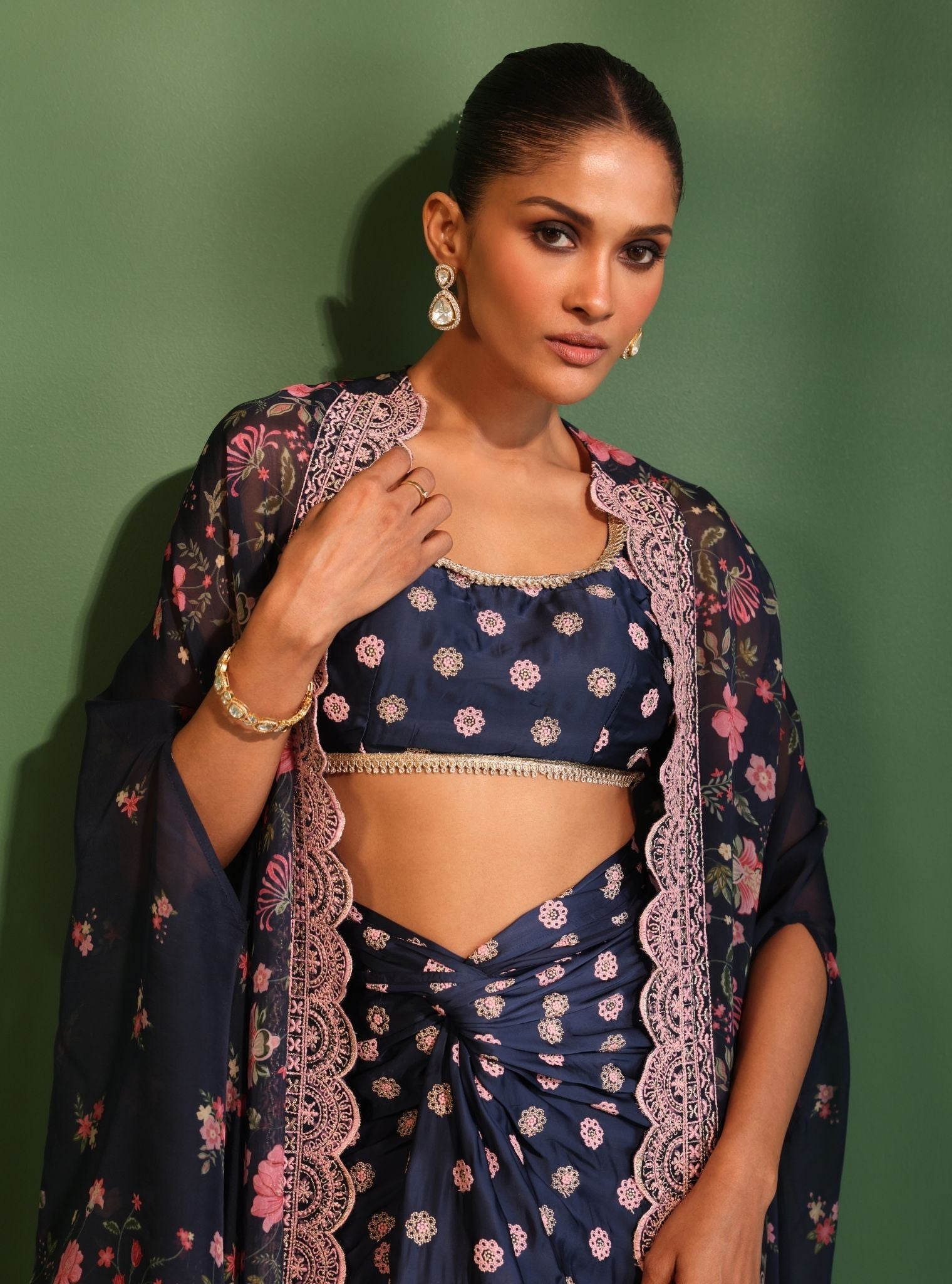 Laila Organza Printed Navy Cape Shrug With Skirt