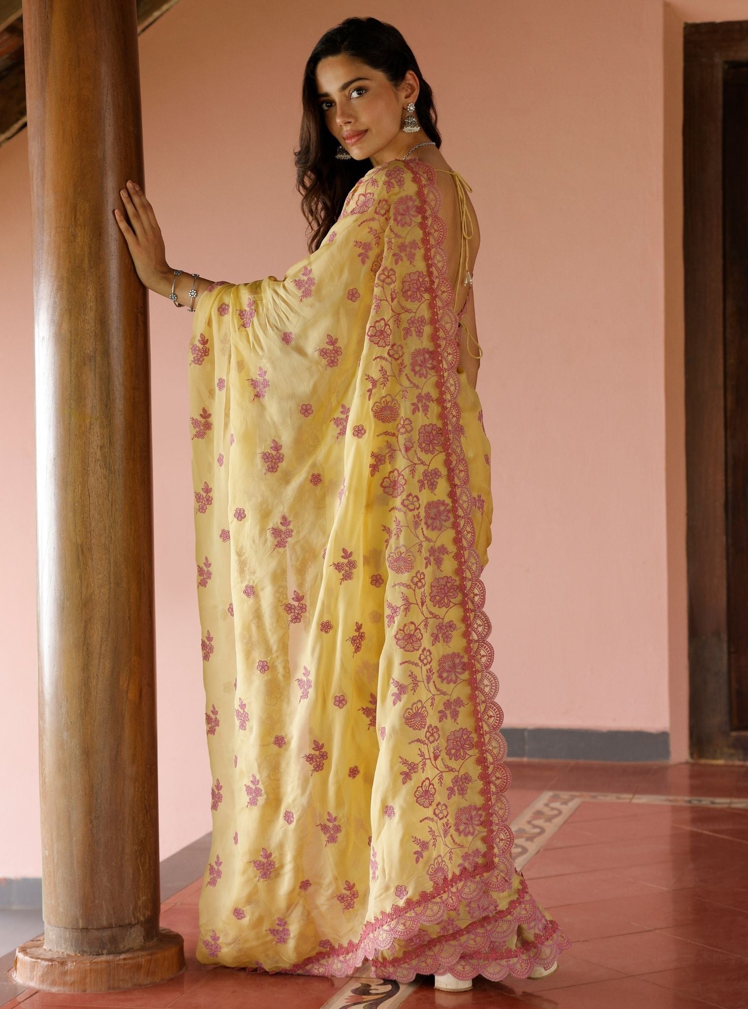 Mulmul Organza Chia Yellow Saree