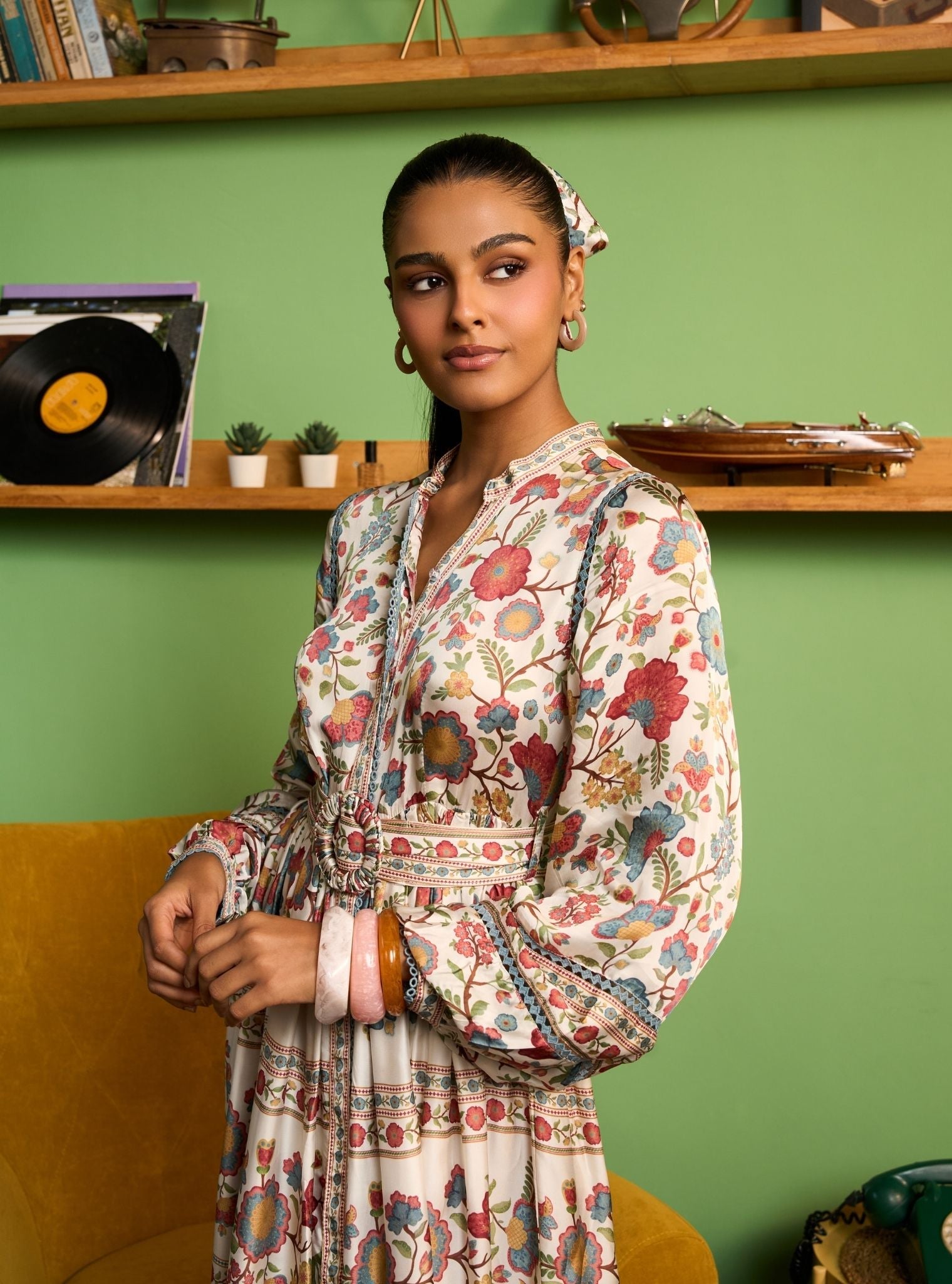 Khas Cupro Satin Off White Printed Dress