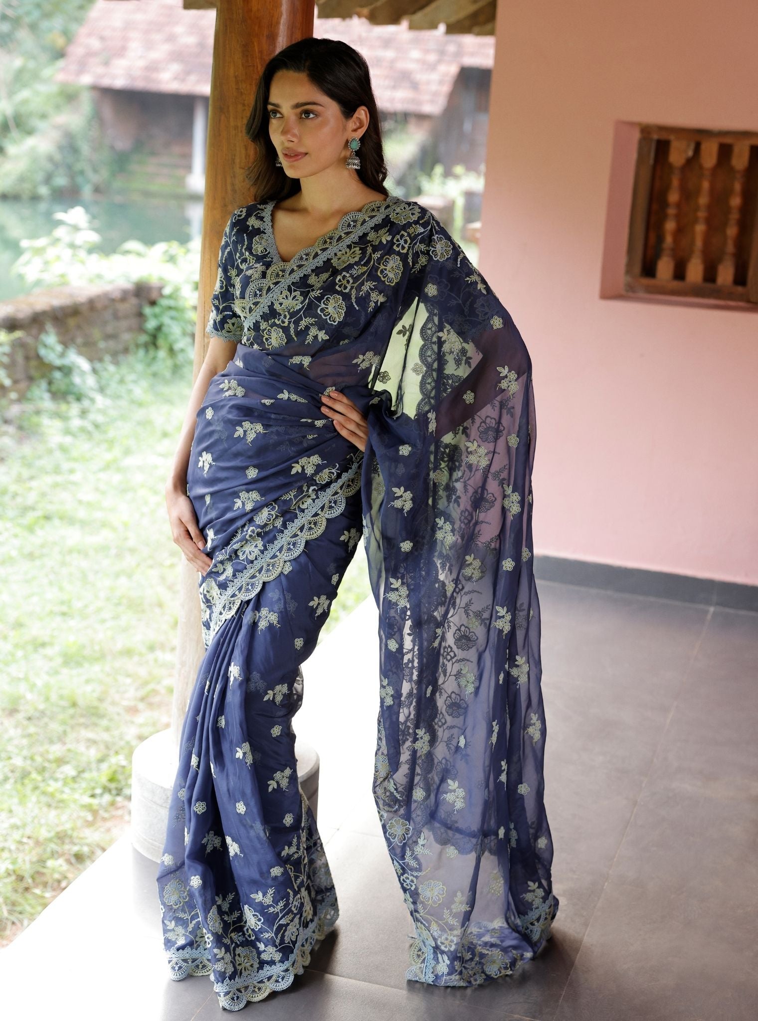 Mulmul Organza Chia Navy Saree