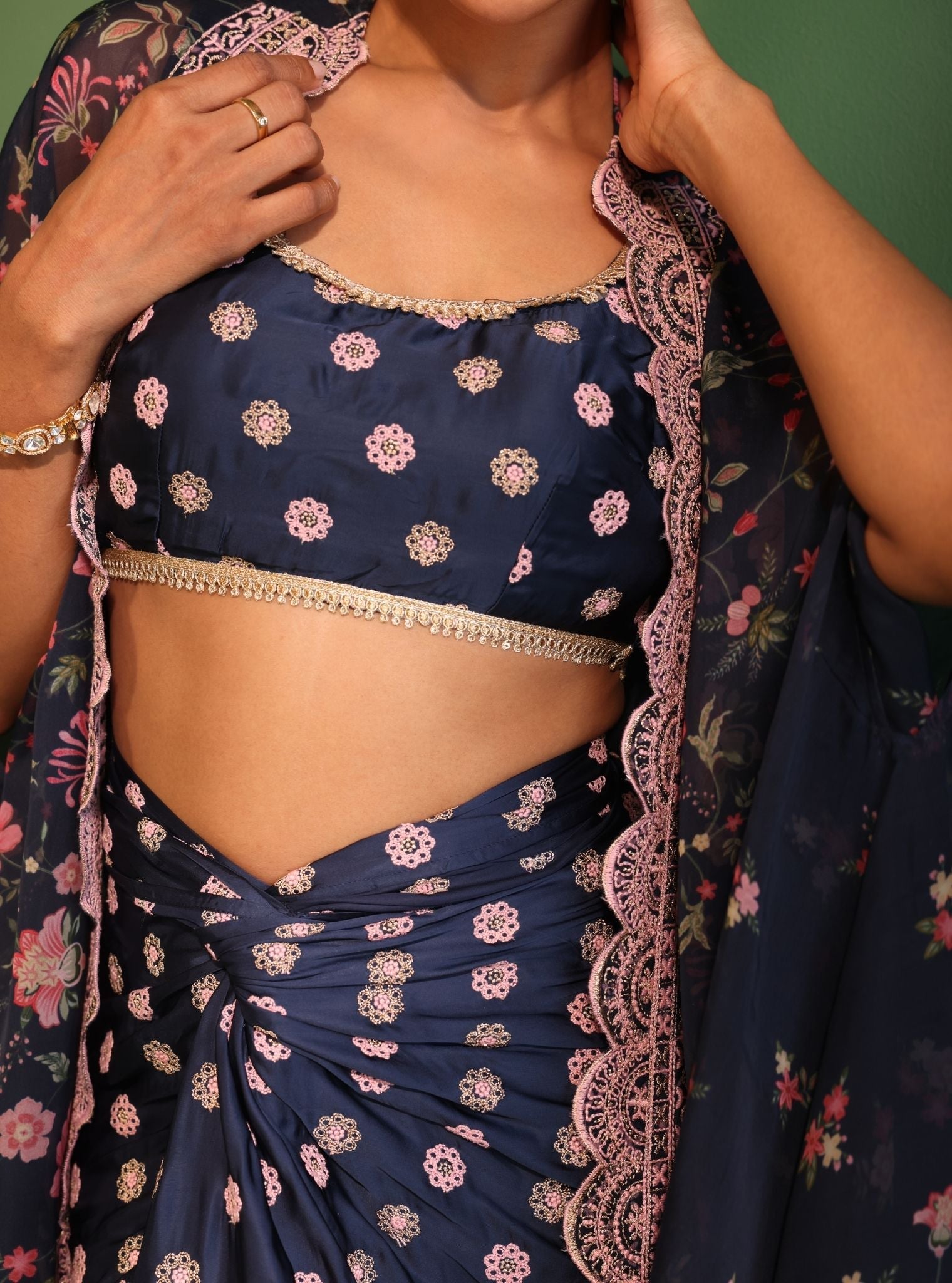 Laila Organza Printed Navy Cape Shrug With Skirt