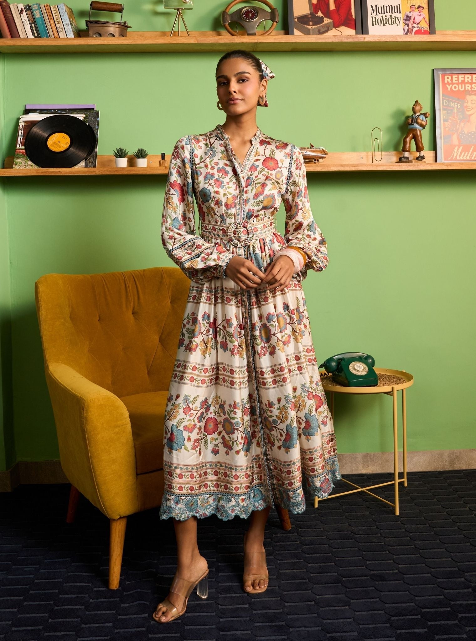 mulmul cotton maxi dress MULMUL GREEN FLORAL JAAL BLOCK PRINTED DRESS Jannat.com