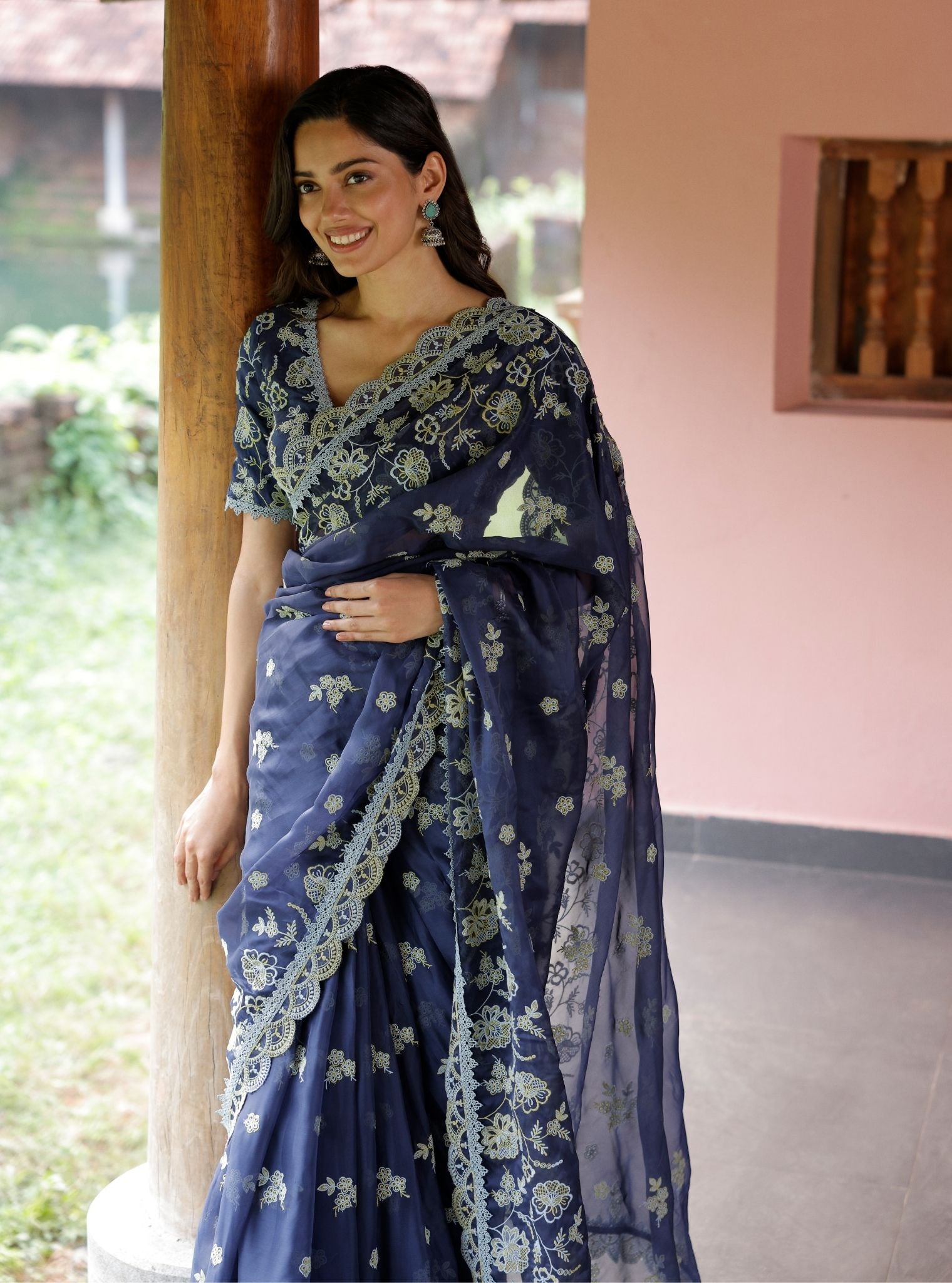 Mulmul Organza Chia Navy Saree