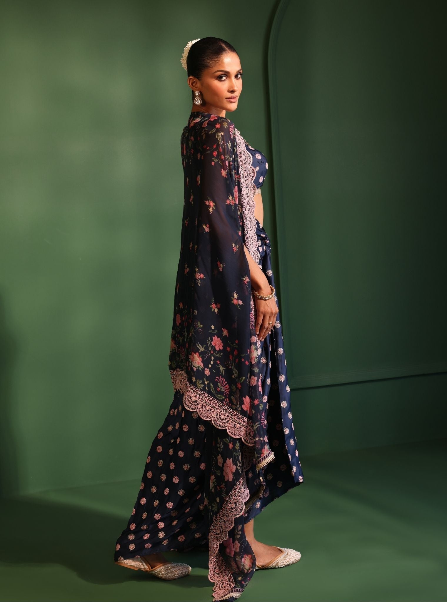 Laila Organza Printed Navy Cape Shrug With Skirt