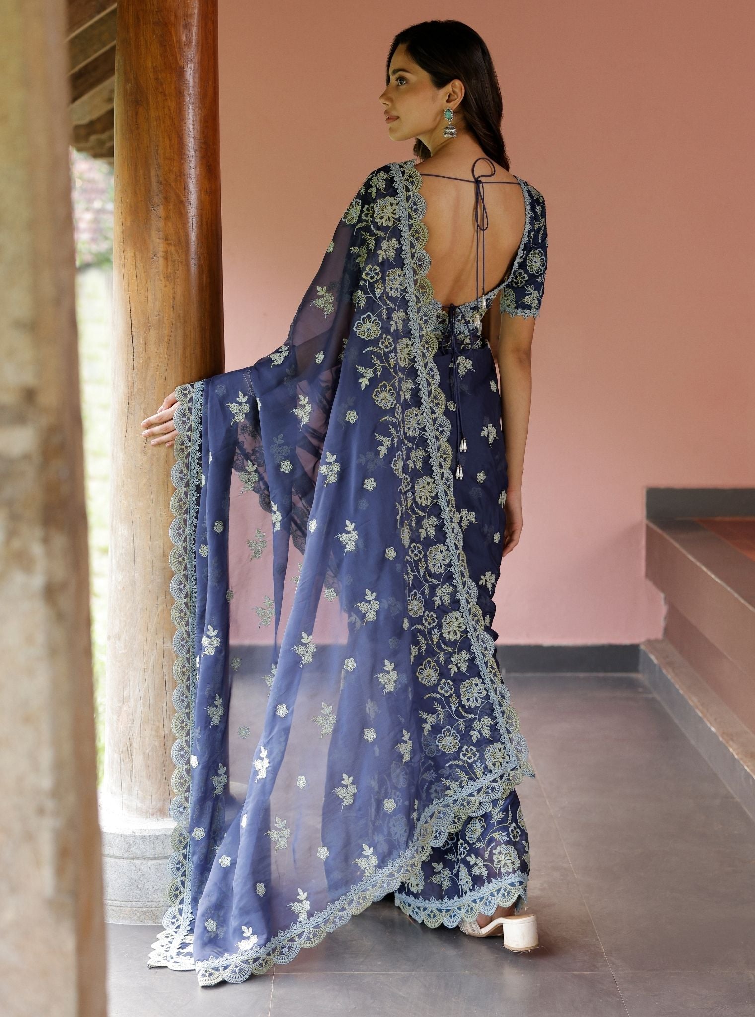 Mulmul Organza Chia Navy Saree