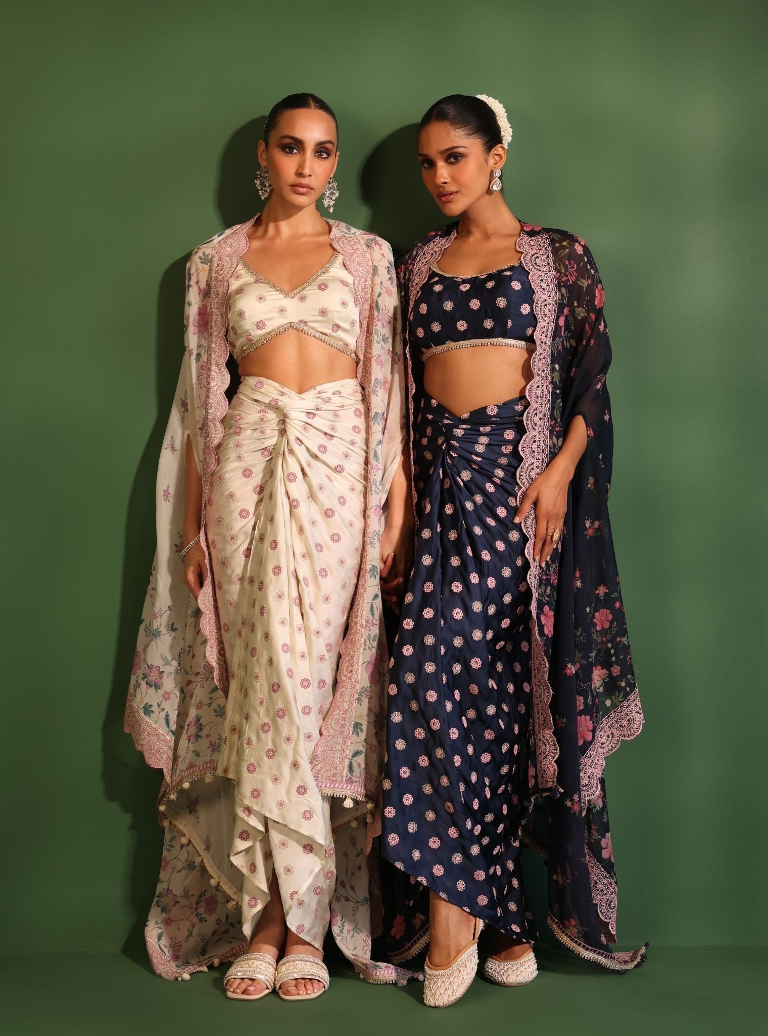 Laila Organza Printed Navy Cape Shrug With Skirt