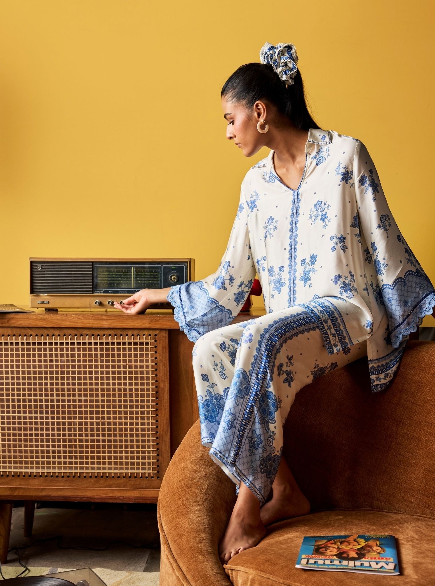 Mehrang Cupro Satin Off White Printed Shirt Set