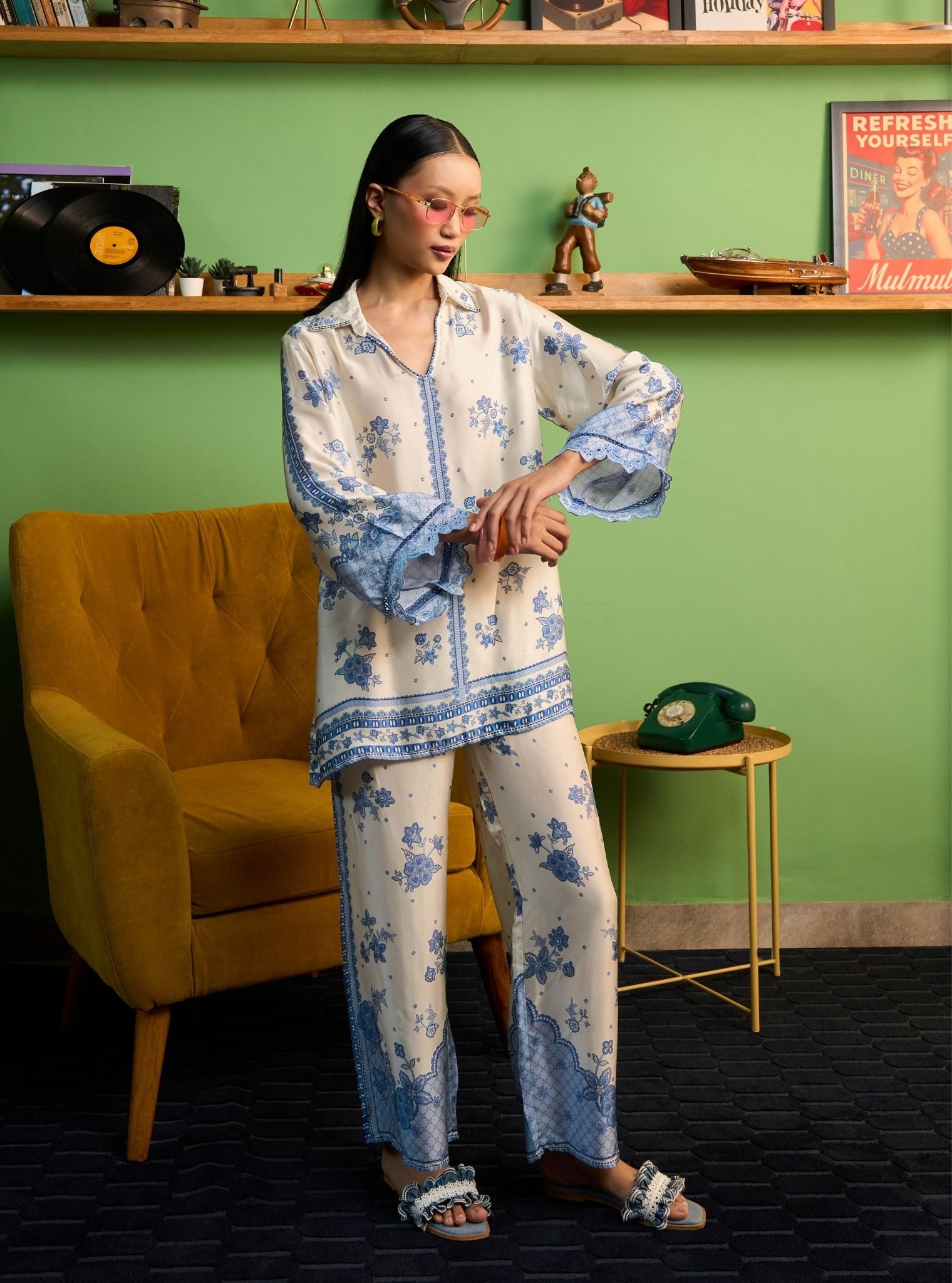 Mehrang Cupro Satin Off White Printed Shirt Set