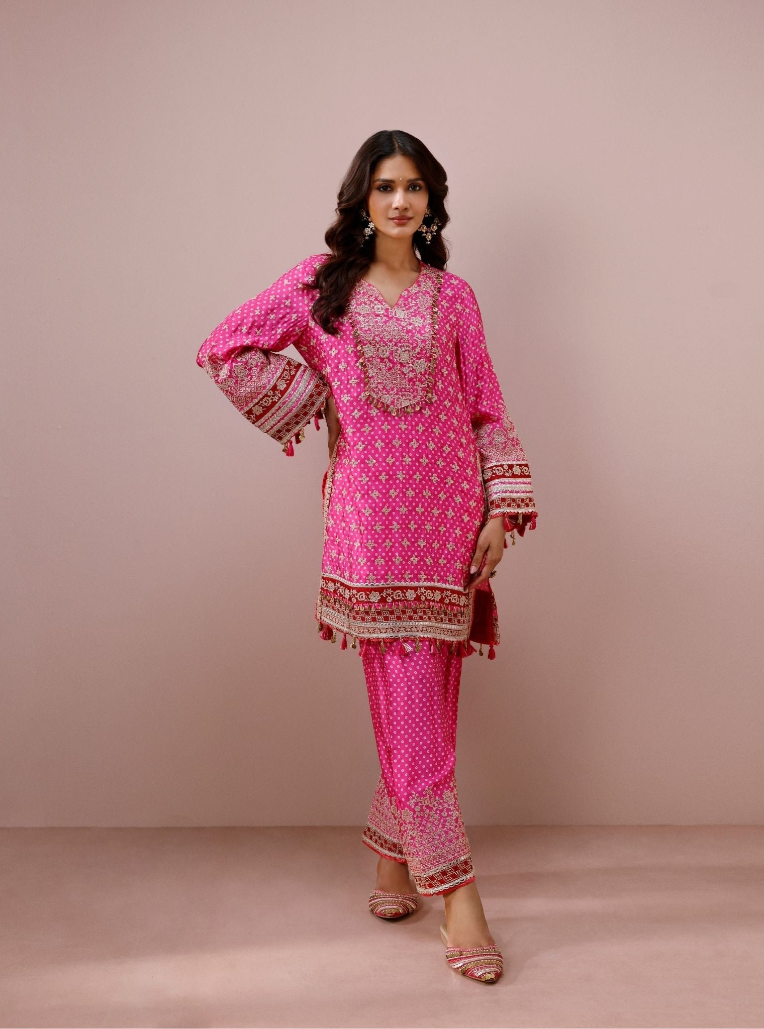 Savi Cupro Satin Fuchsia Short Kurta Set