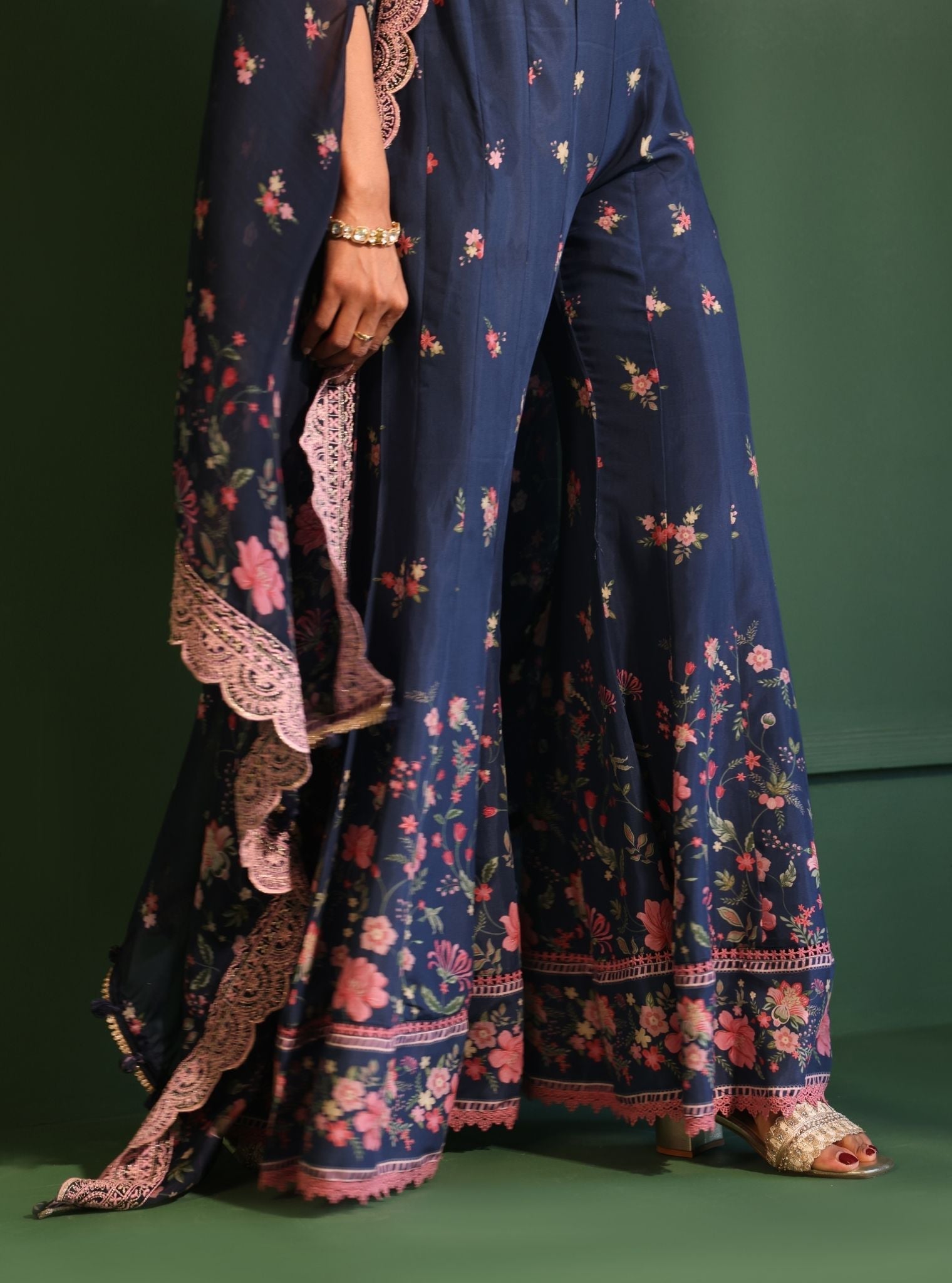 Laila Organza Printed Navy Cape Shrug With Sharara