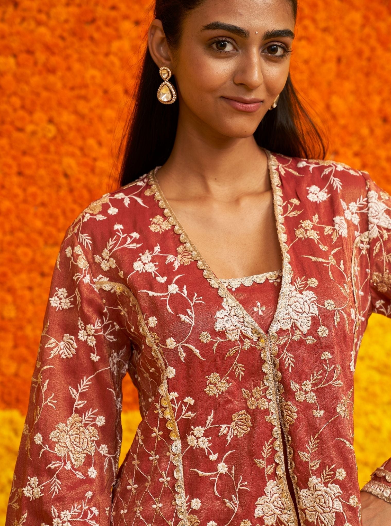 Jiya Tissue Linen Satin Red Top Set