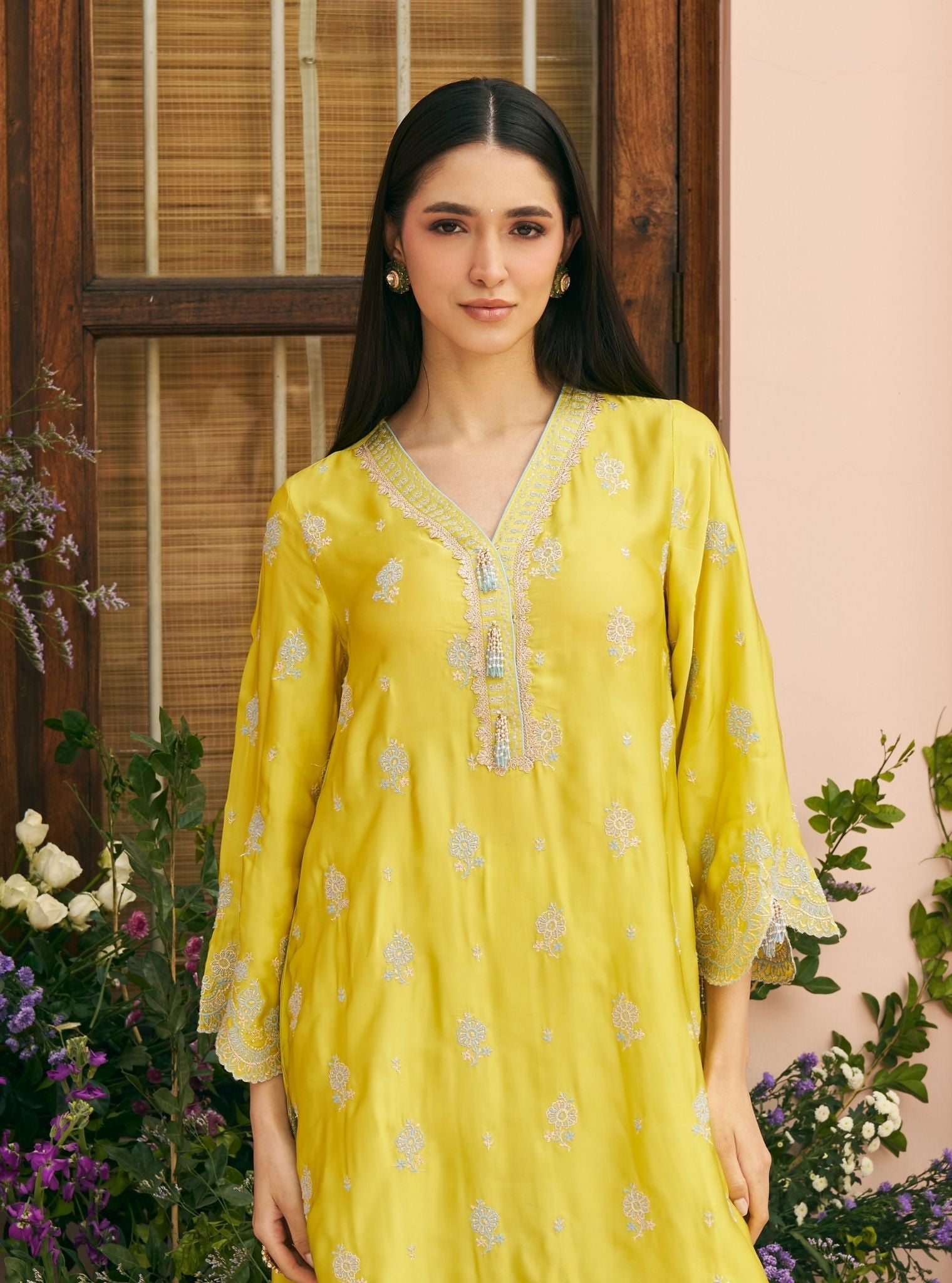 Phulkari Cupro Satin Lime Green Kurta Set