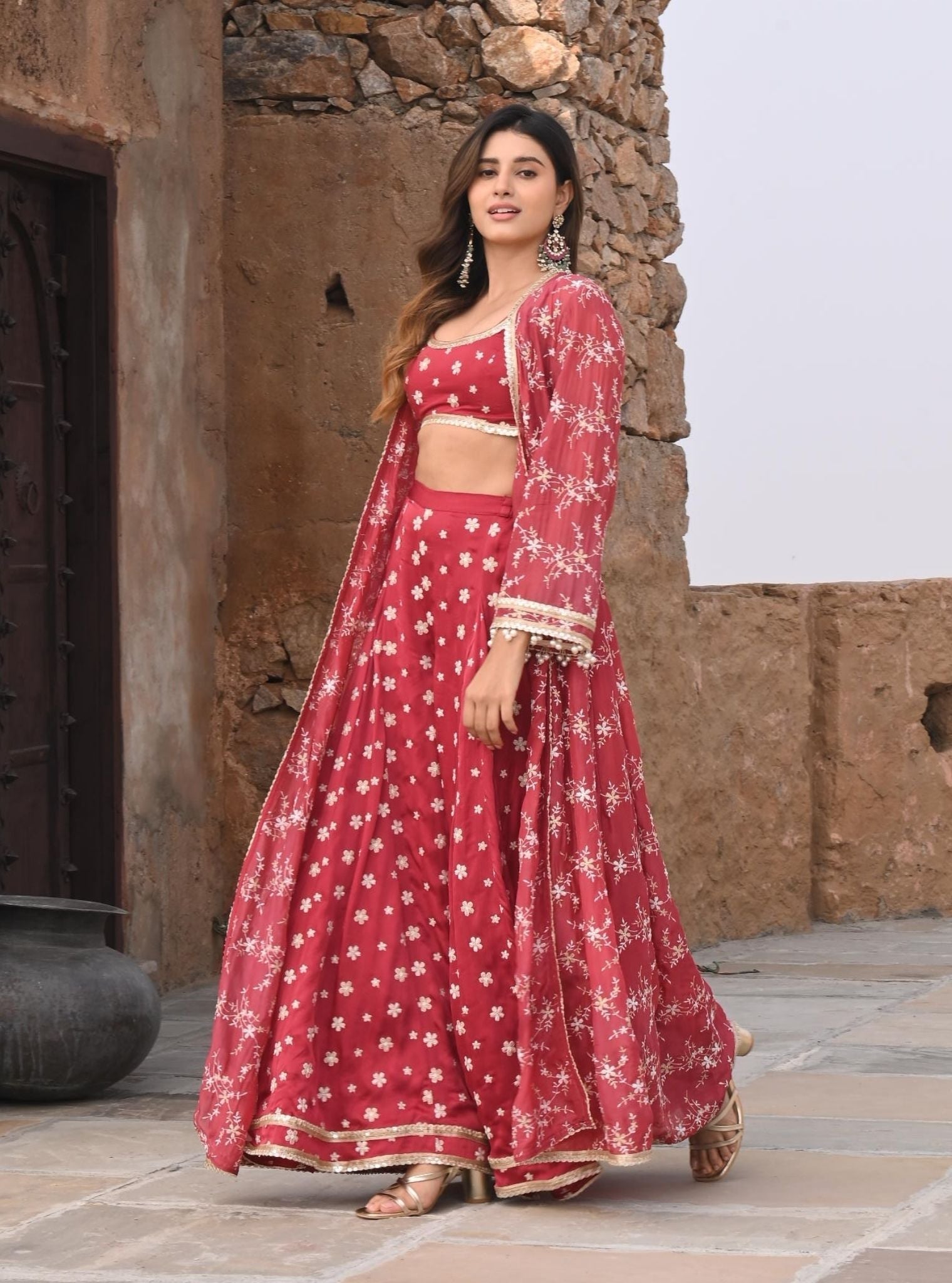Nazm Luxe Silk Red Jacket with Sharara Set