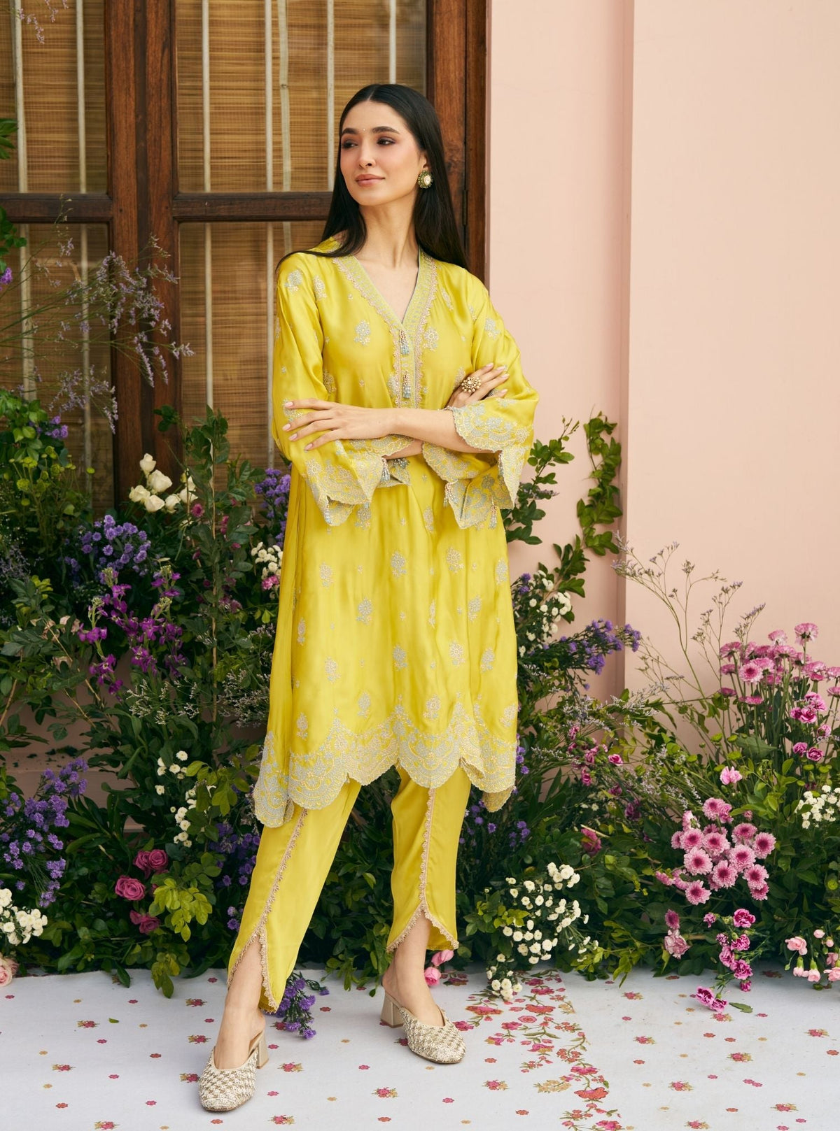 Phulkari Cupro Satin Lime Green Kurta Set