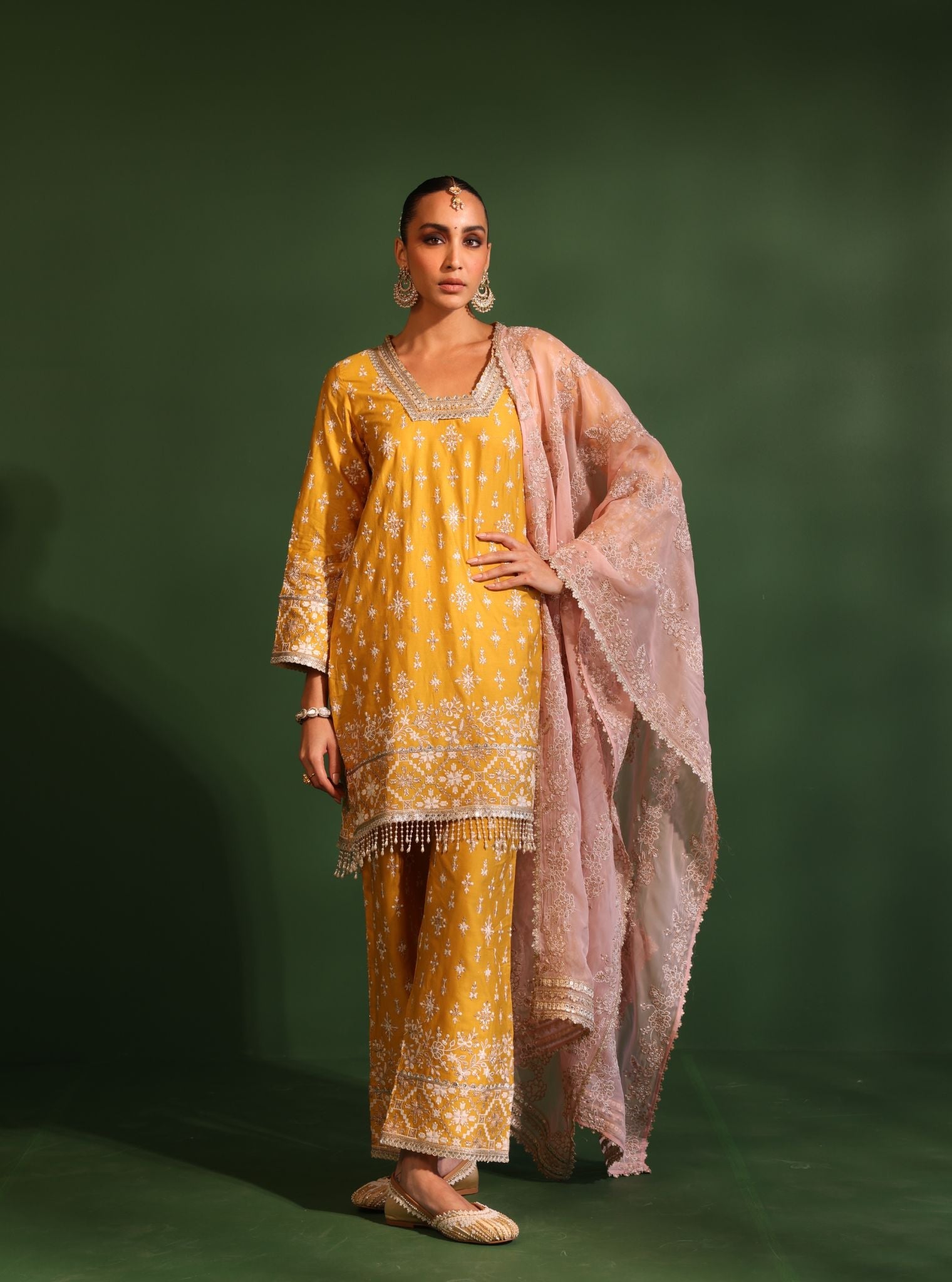 Mulmul Pima Satin Kalander Yellow Kurta With Mulmul Pima Satin Kalander Yellow Pant