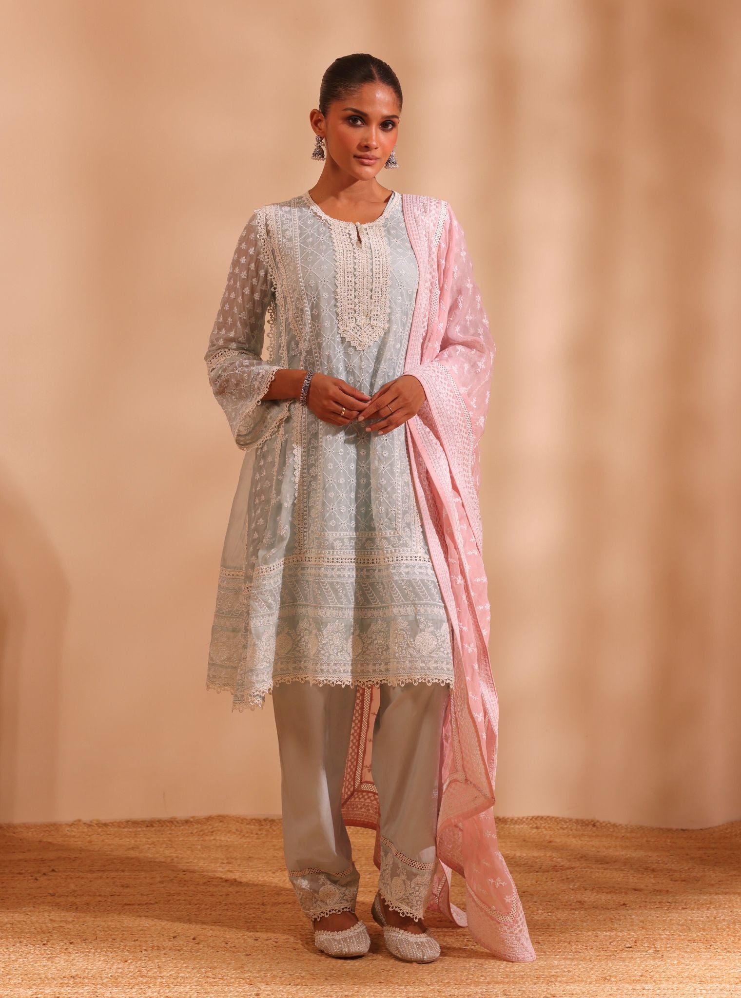 Mulmul Organza Sritha Blue Kurta With Mulmul Cotton Sritha Blue Pant