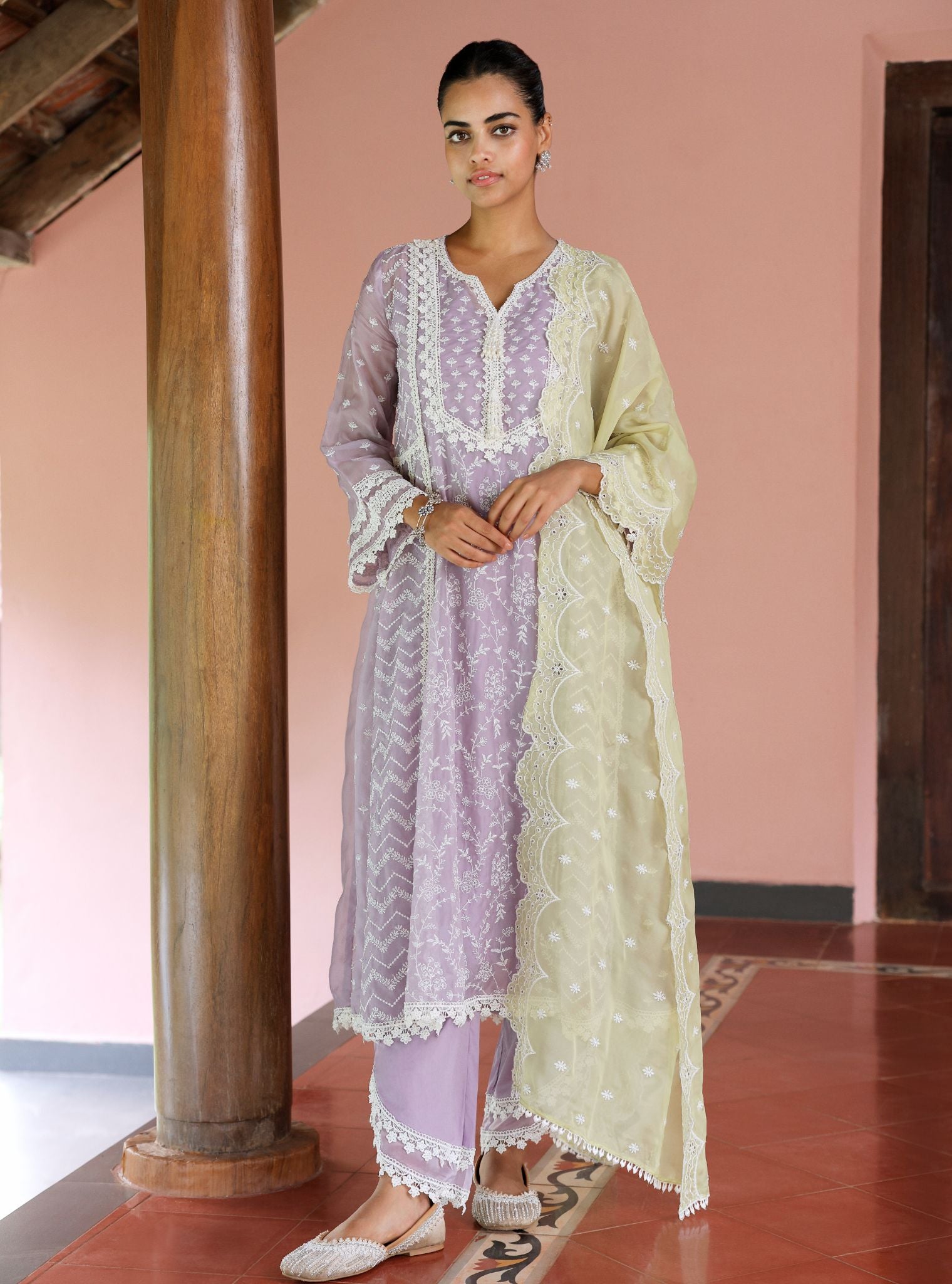 Mulmul Organza Keerth Lavender Anarkali Kurta With Mulmul Cotton Keerth Lavender Pant