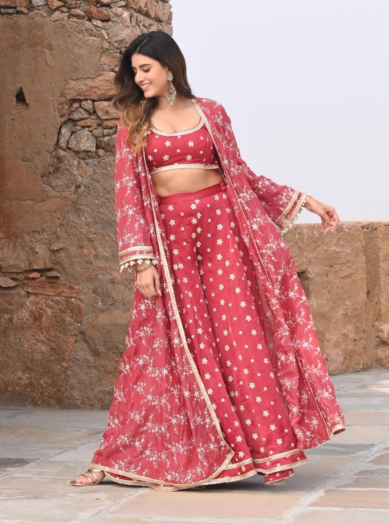 Nazm Luxe Silk Red Jacket with Sharara Set