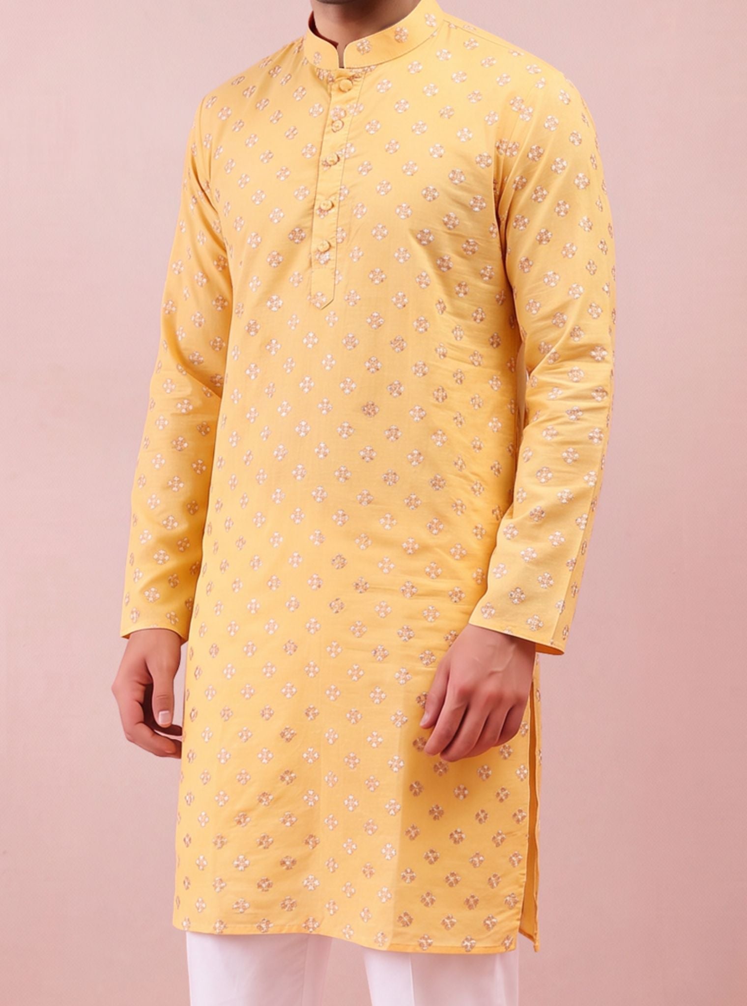 Utsav Pima Satin Yellow Mens Kurta Set