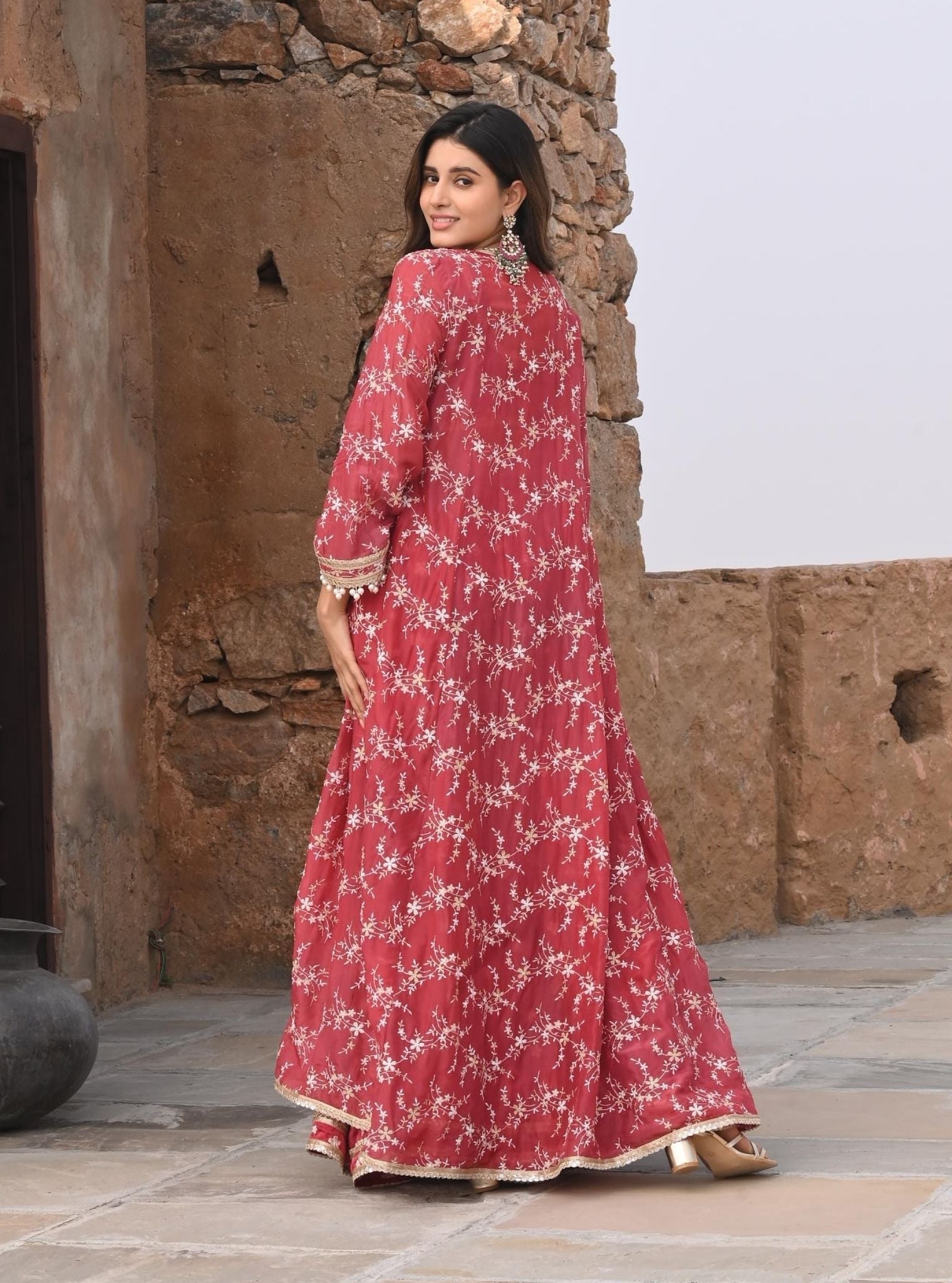 Nazm Luxe Silk Red Jacket with Sharara Set