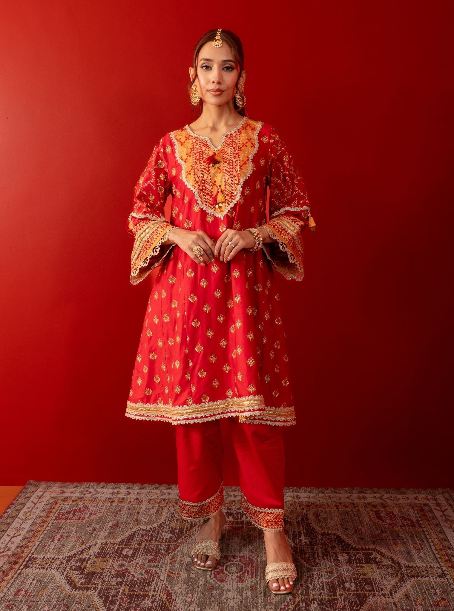 Mulmul Pima Satin Bandhan Red Kurta With Mulmul Pima Satin Bandhan Red Pant