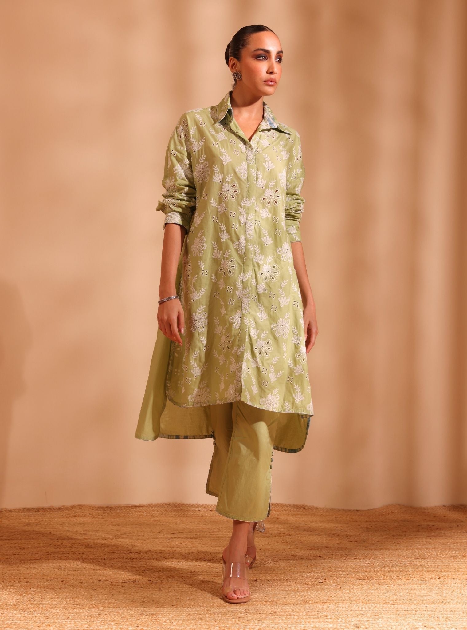 Mulmul Cotton Niva Green Kurta With Mulmul Cotton Niva Green Pant
