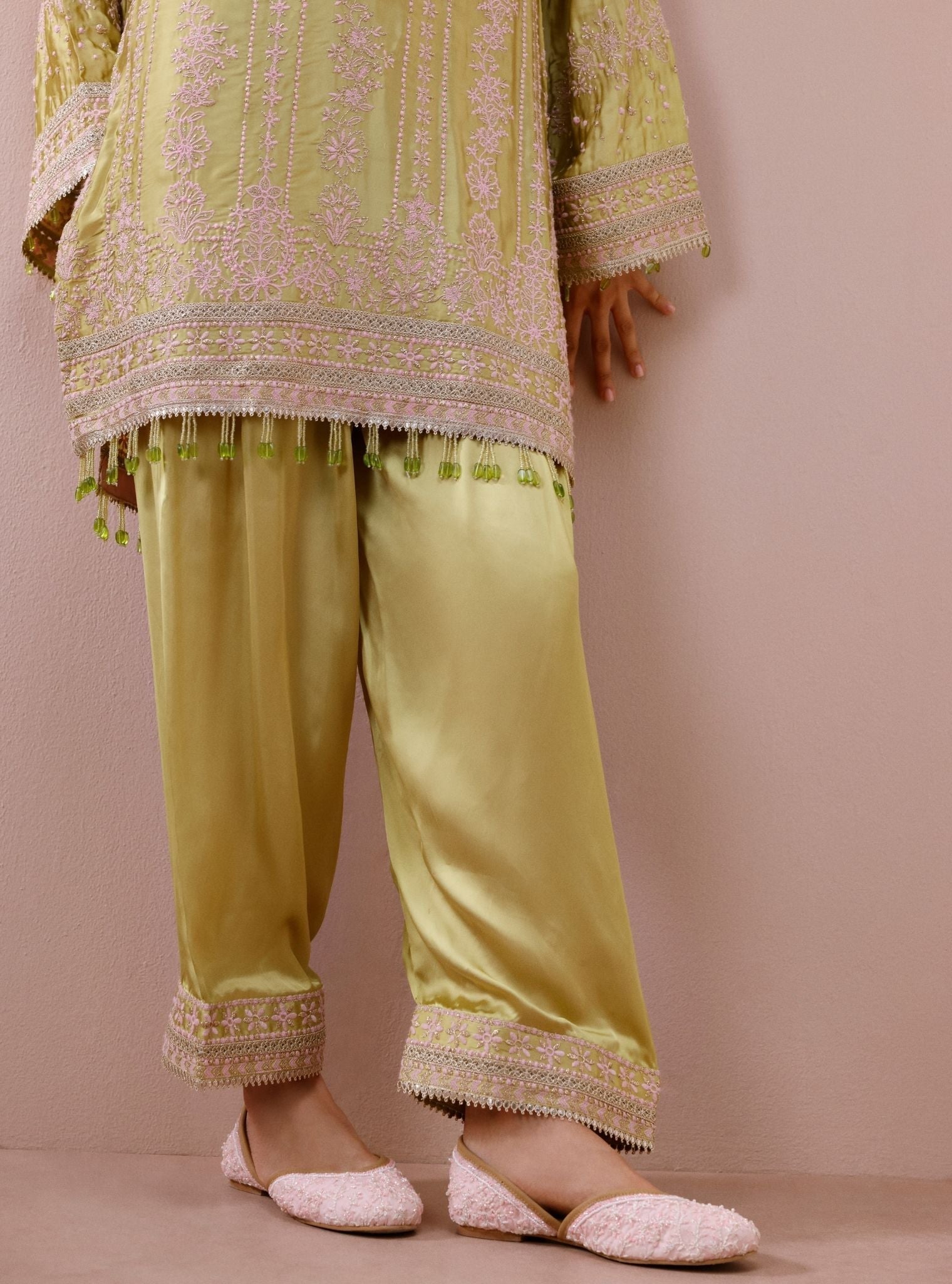 Zuri Cupro Satin Lime Kurta With Farshi Salwar