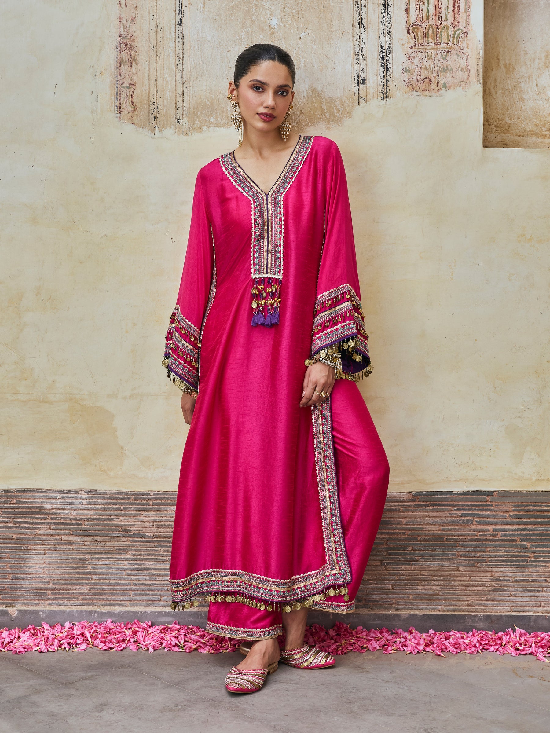 Shaabni Bemberg Raw Silk Fuchsia Kaftan Set