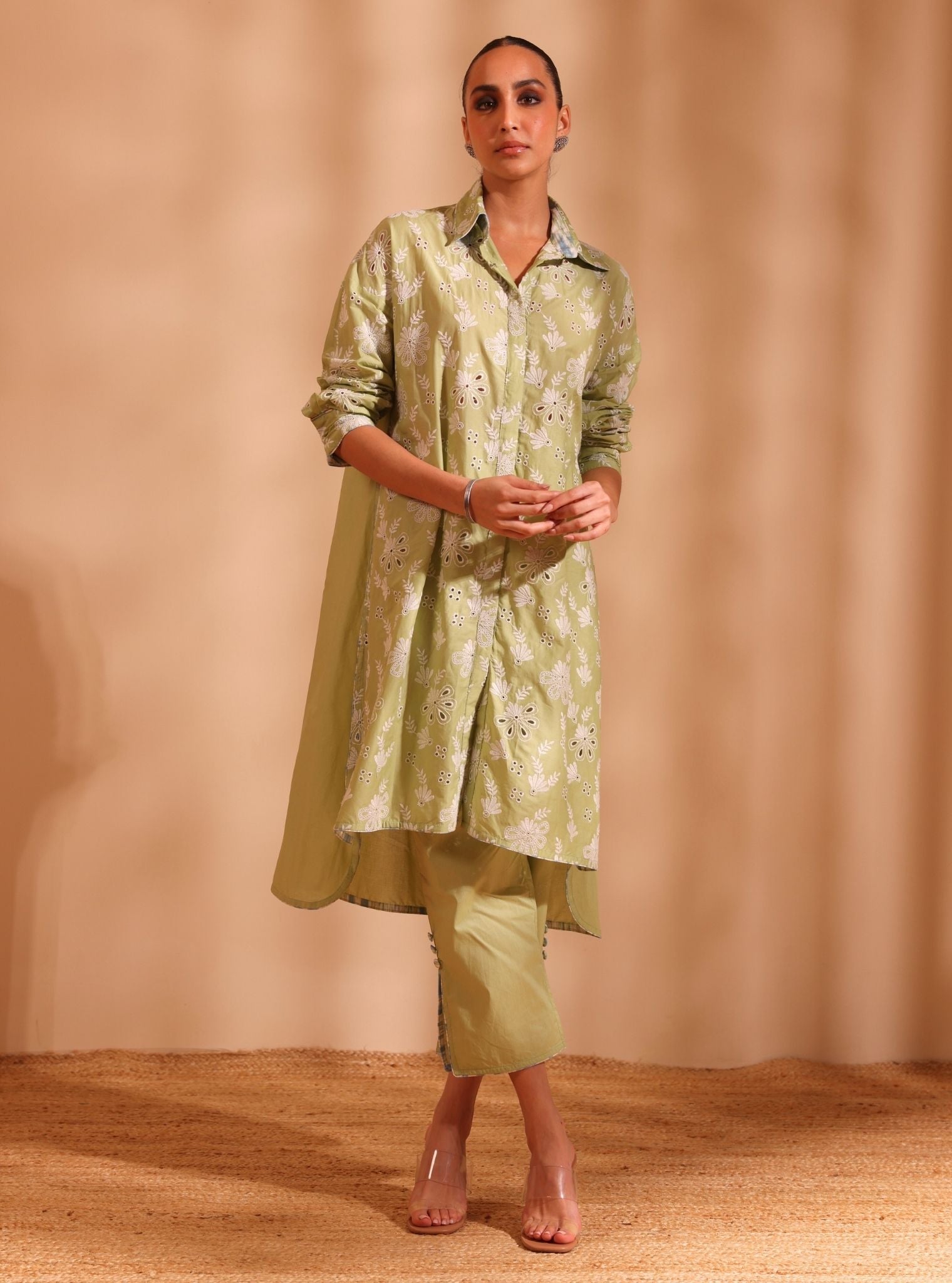 Mulmul Cotton Niva Green Kurta With Mulmul Cotton Niva Green Pant