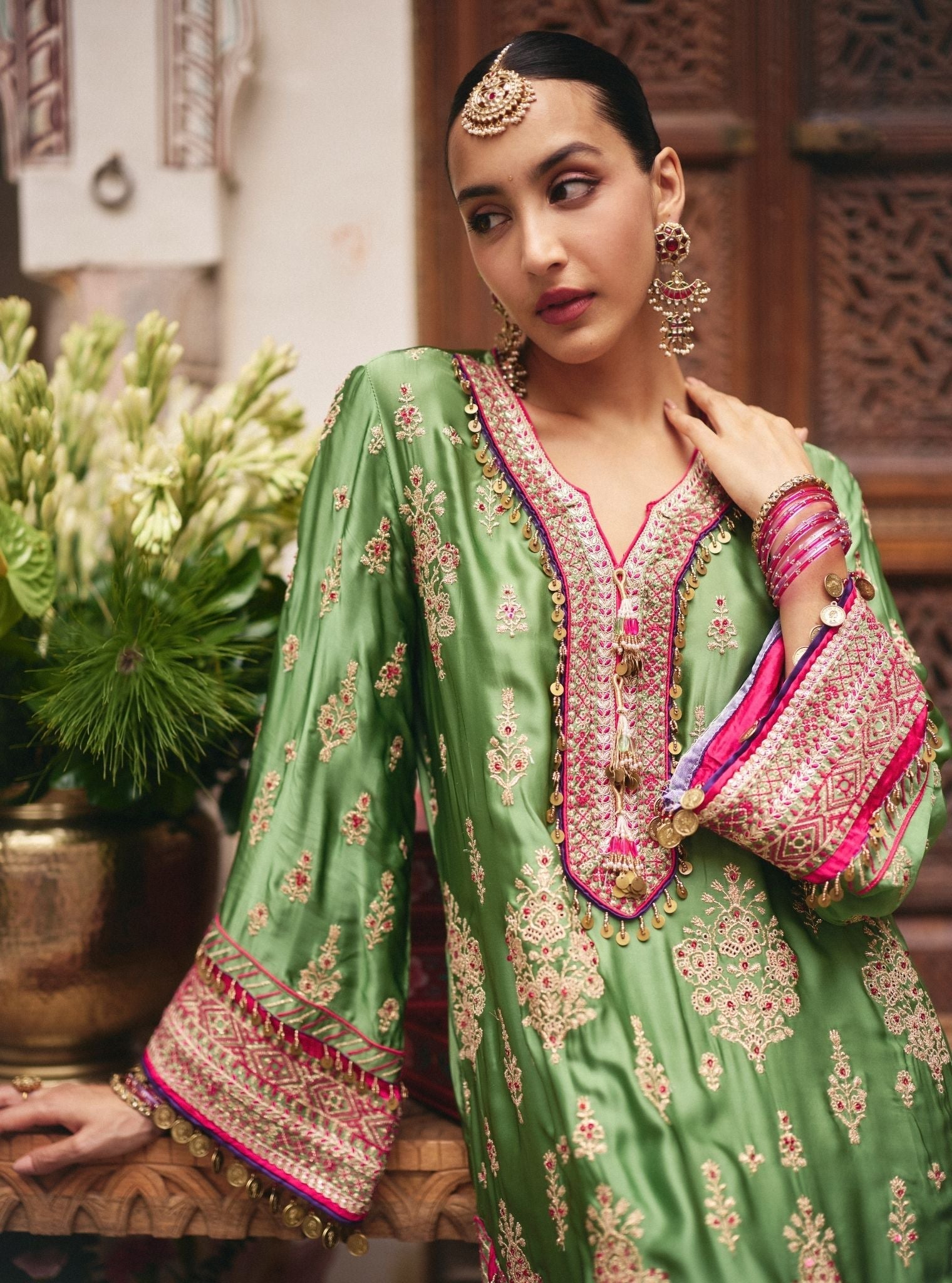 Koyal Cupro Satin Matcha Green Kaftan Set