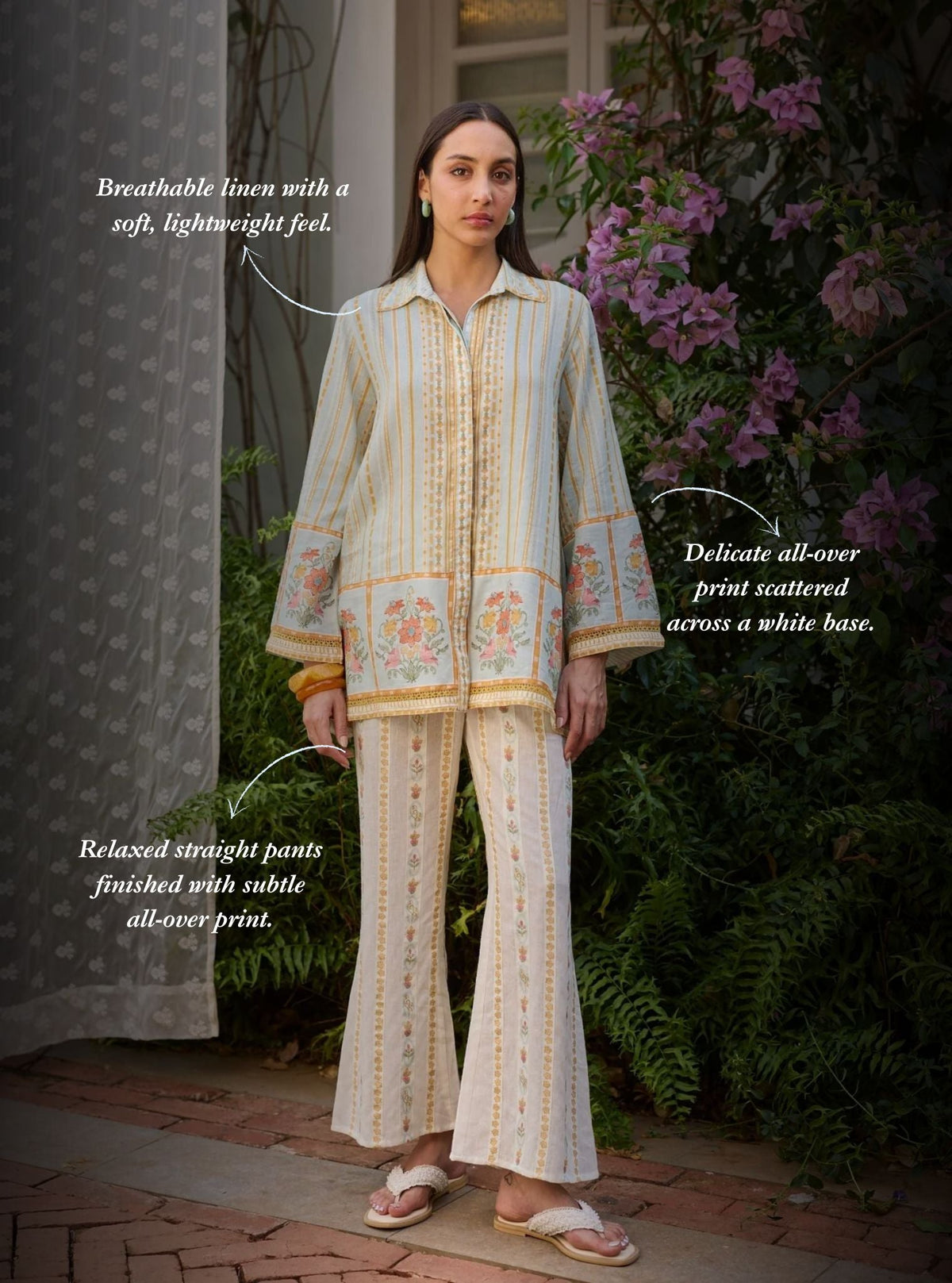 Ela Linen Printed Light Blue Shirt Set