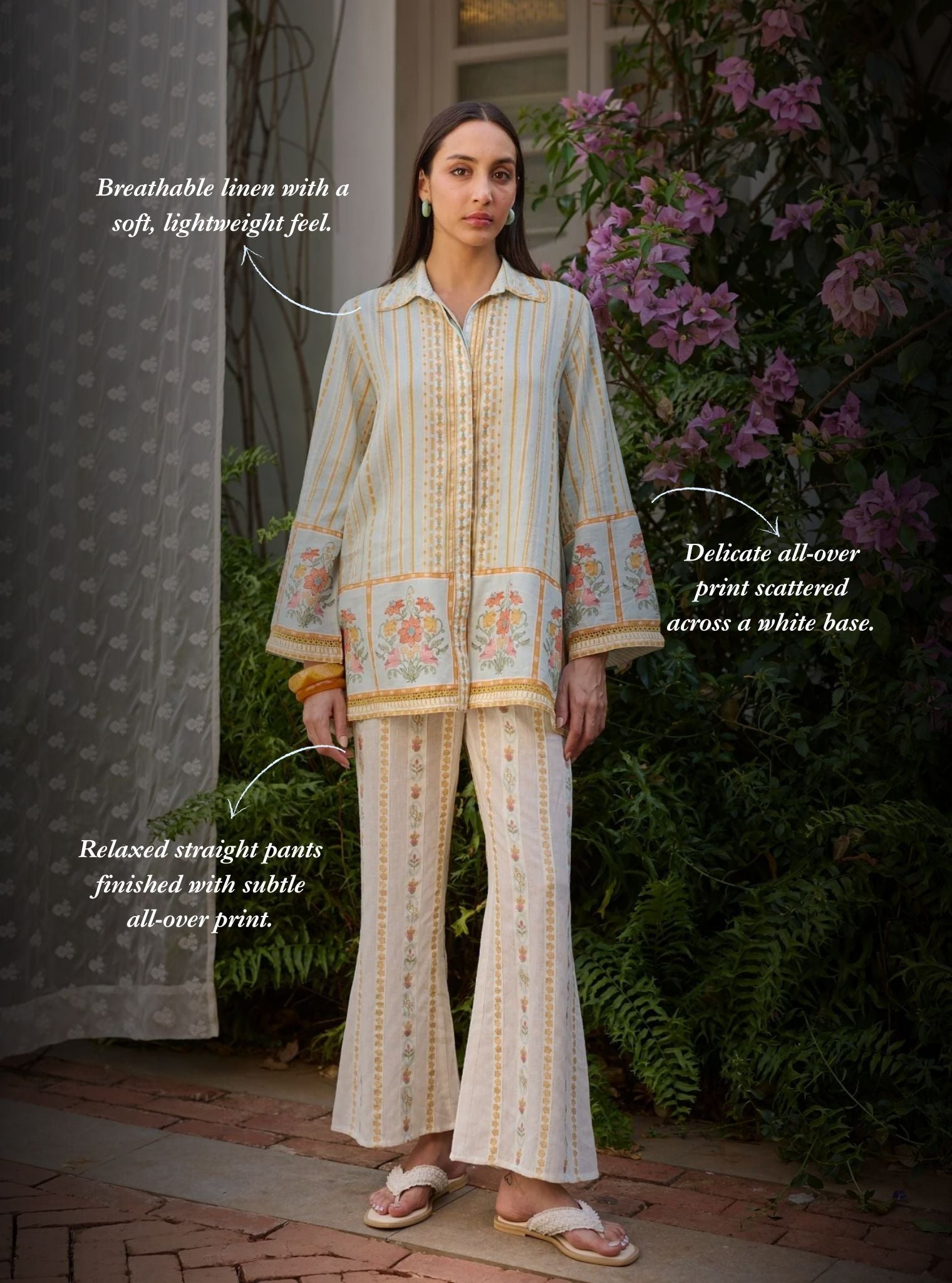 Ela Linen Printed Light Blue Shirt Set