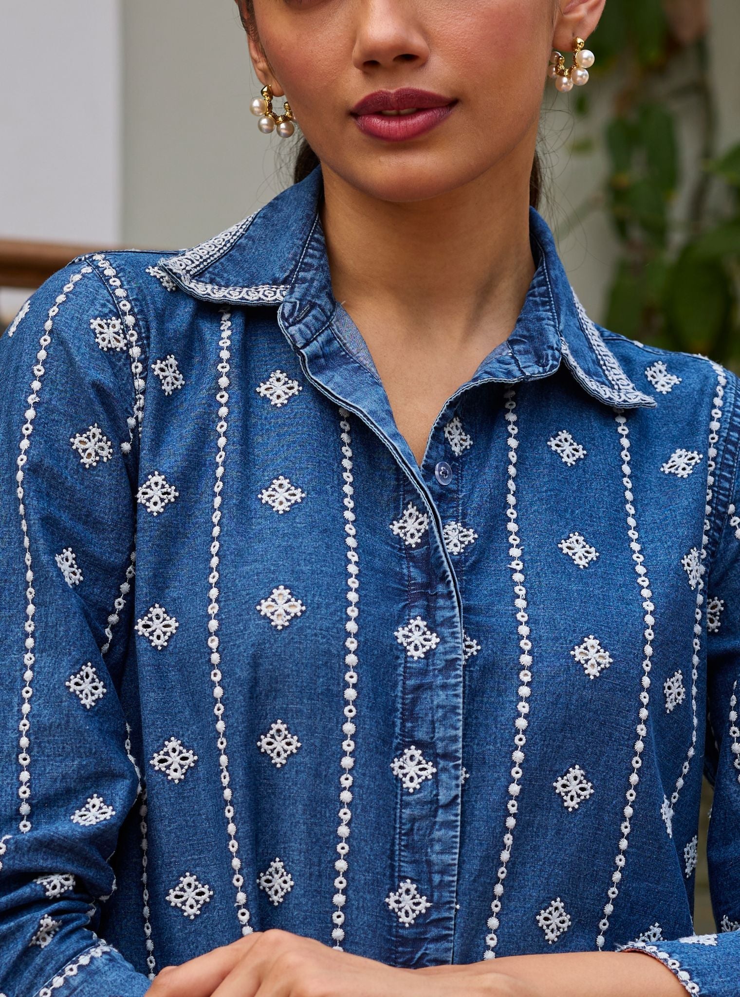 Veena Denim Long Shirt Set