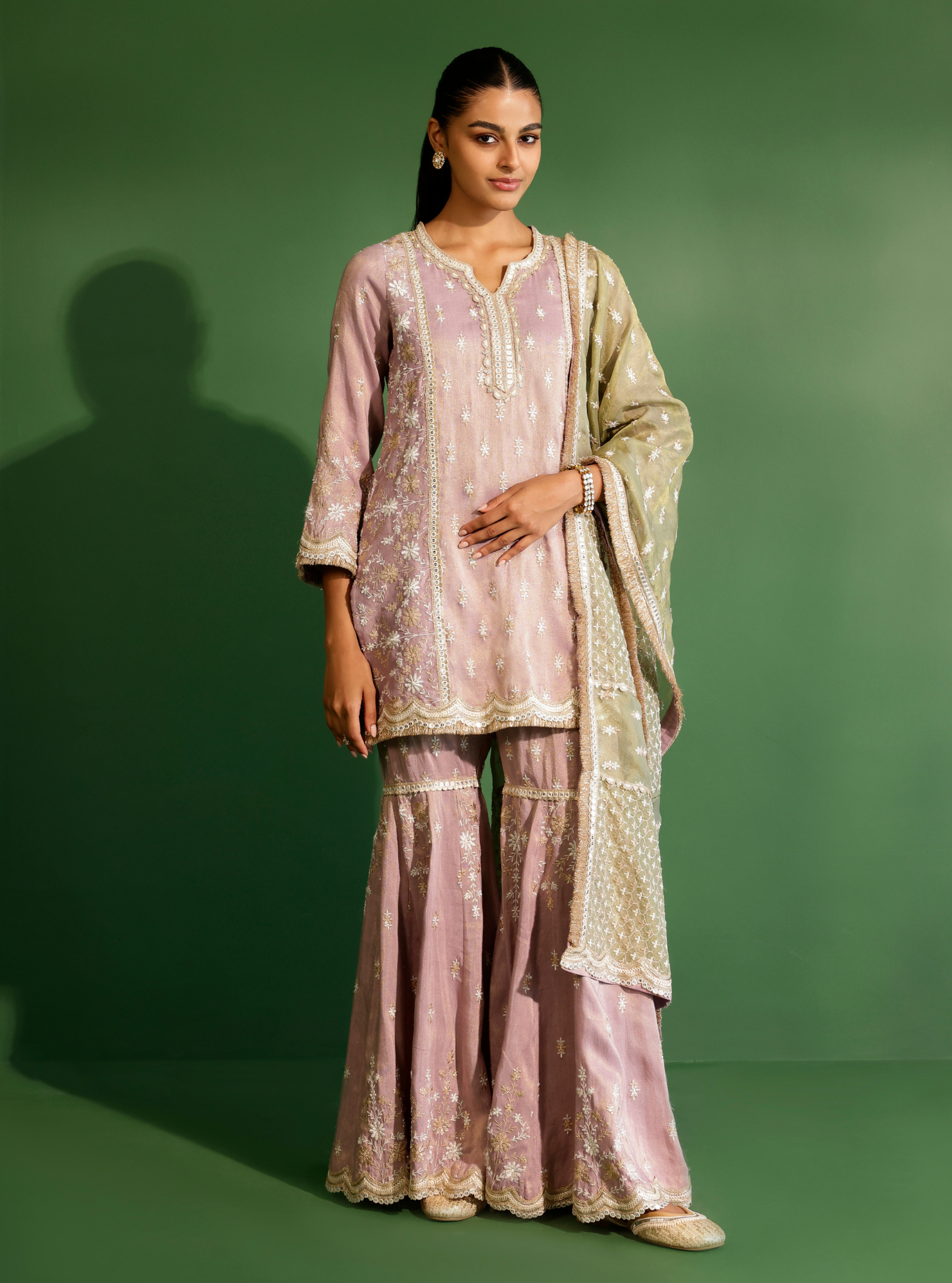 Satranga Tissue Linen Satin Lilac Kurta Set